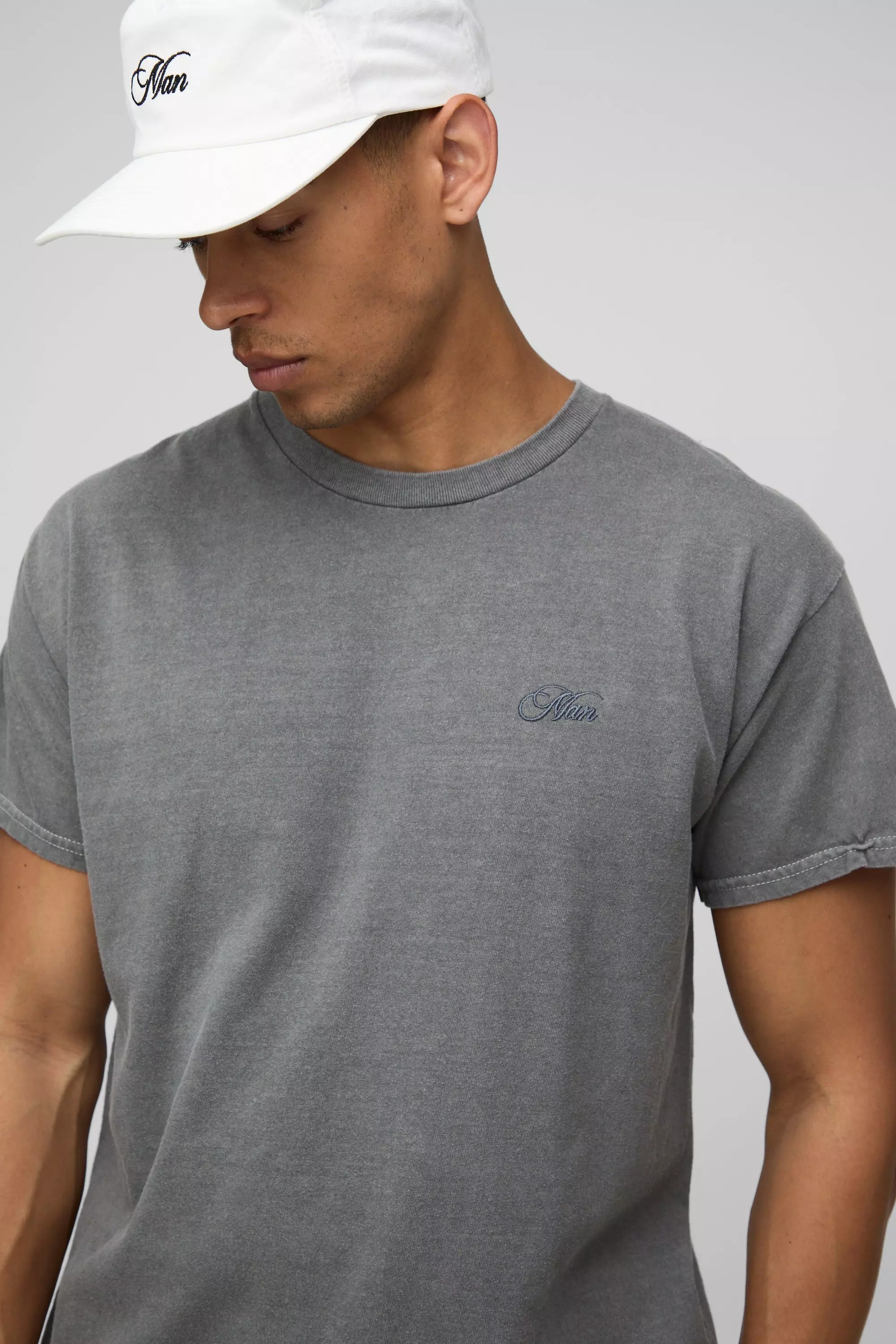 Regular Fit MAN Script Embroidered Washed T-shirt | boohooMAN USA
