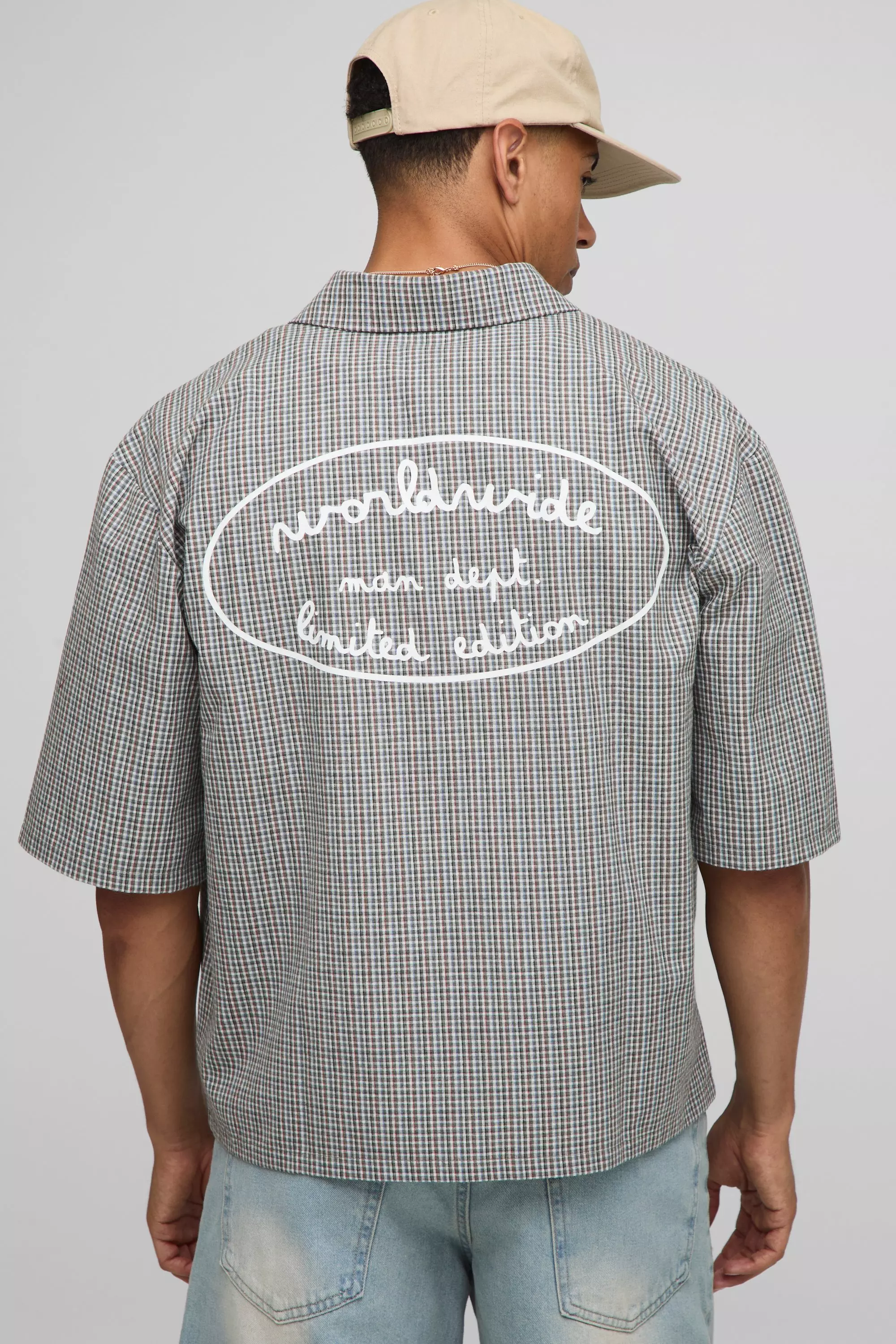Oversized Boxy Worldwide Print Micro Check Shirt | boohooMAN AU