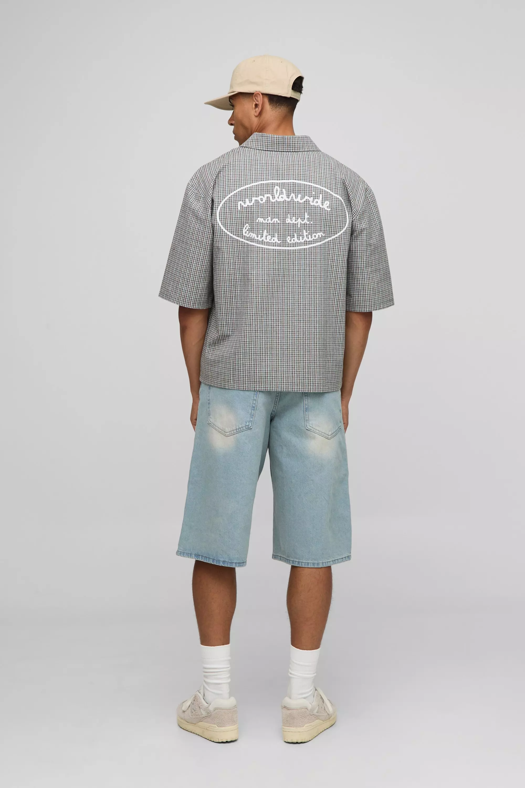 Oversized Boxy Worldwide Print Micro Check Shirt | boohooMAN AU