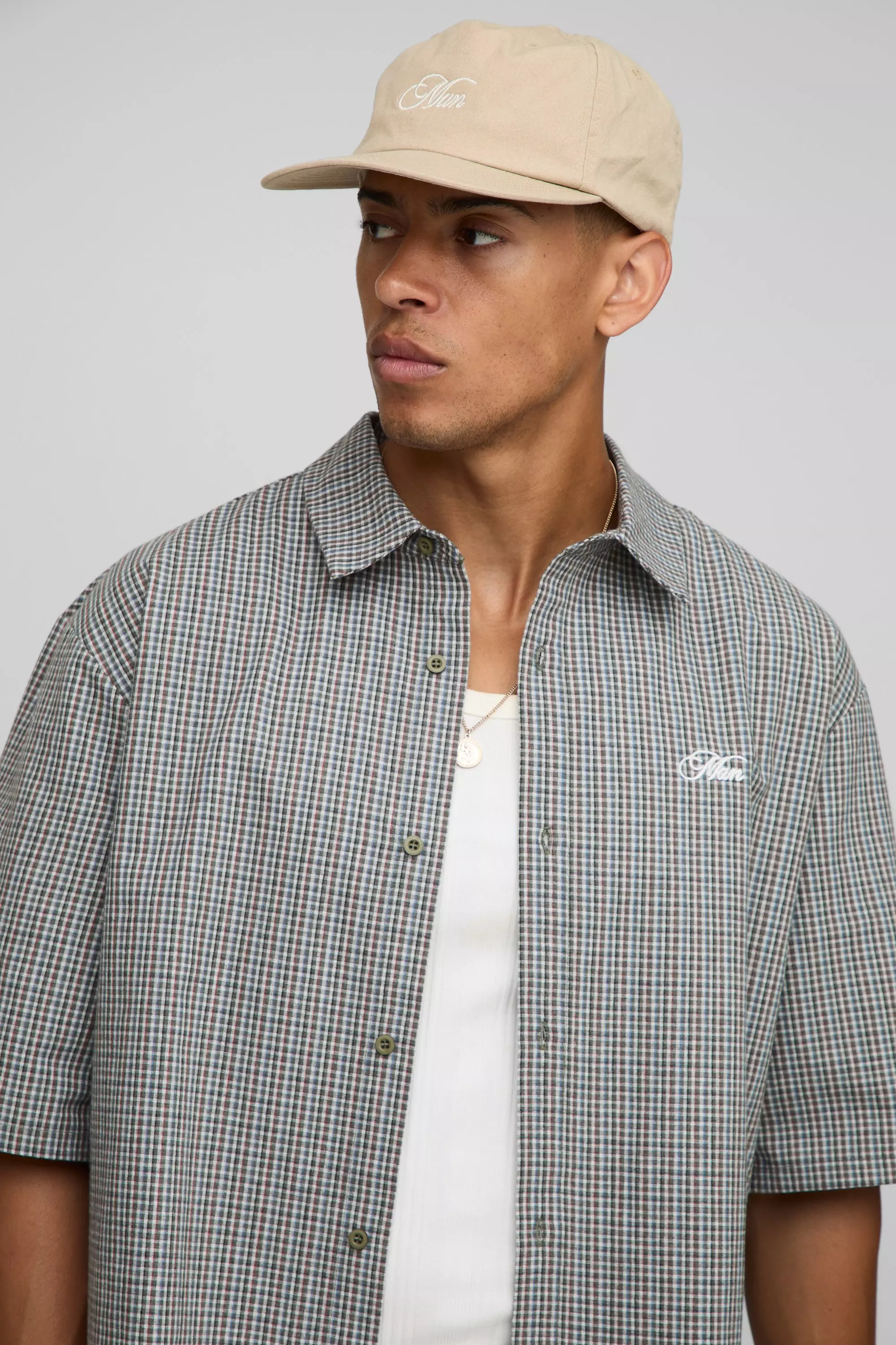 Oversized Boxy Worldwide Print Micro Check Shirt | boohooMAN AU