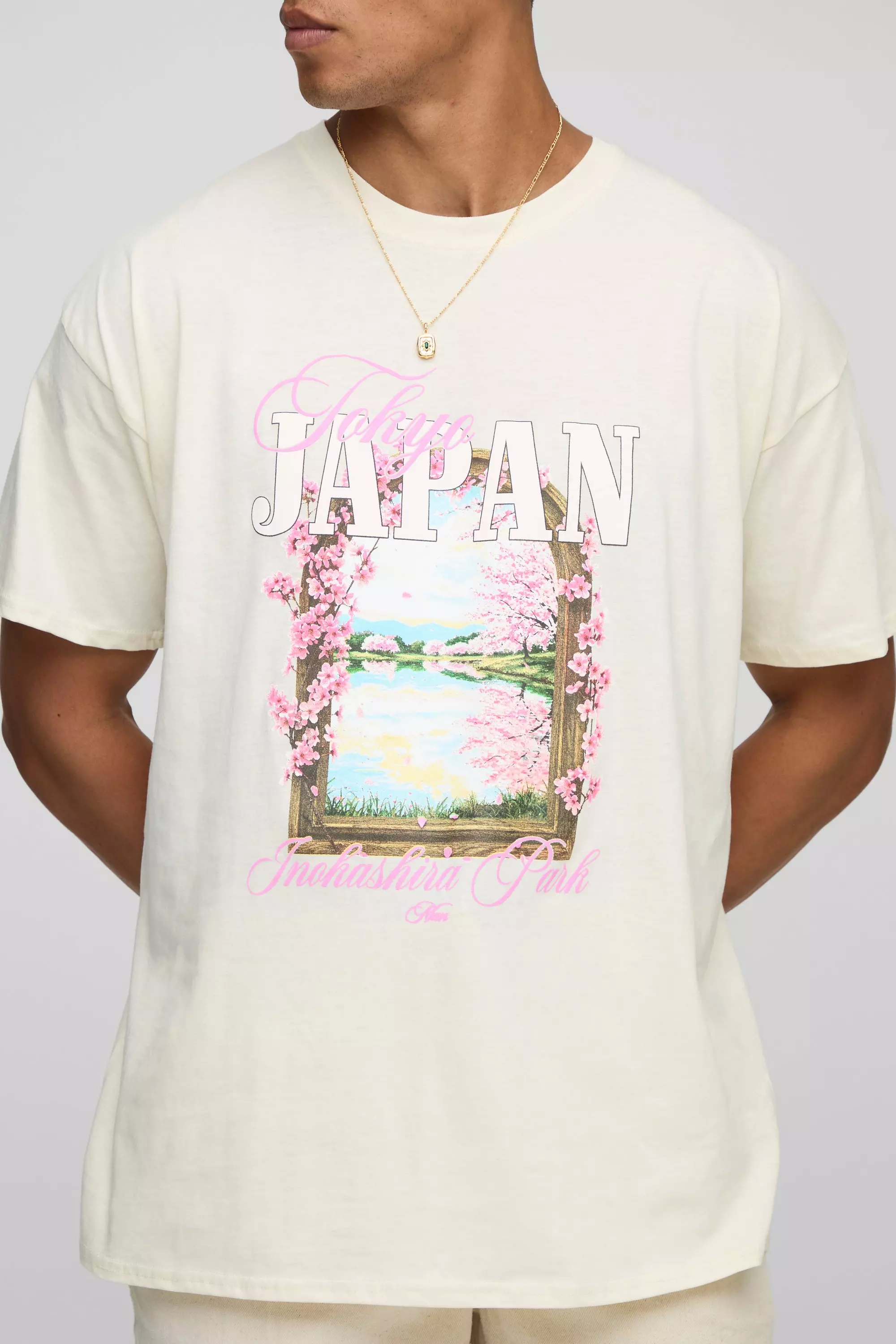 Ecru Oversized Cherry Blossom Landscape T-Shirt Ecru