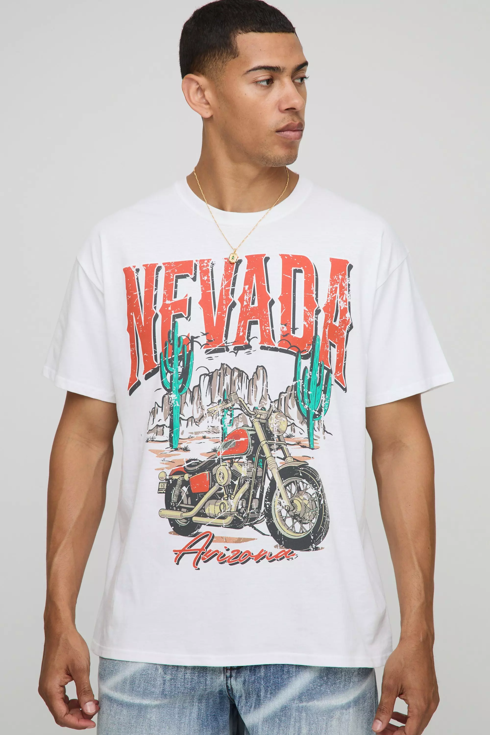 Oversized Nevada Moto Graphic T-Shirt White