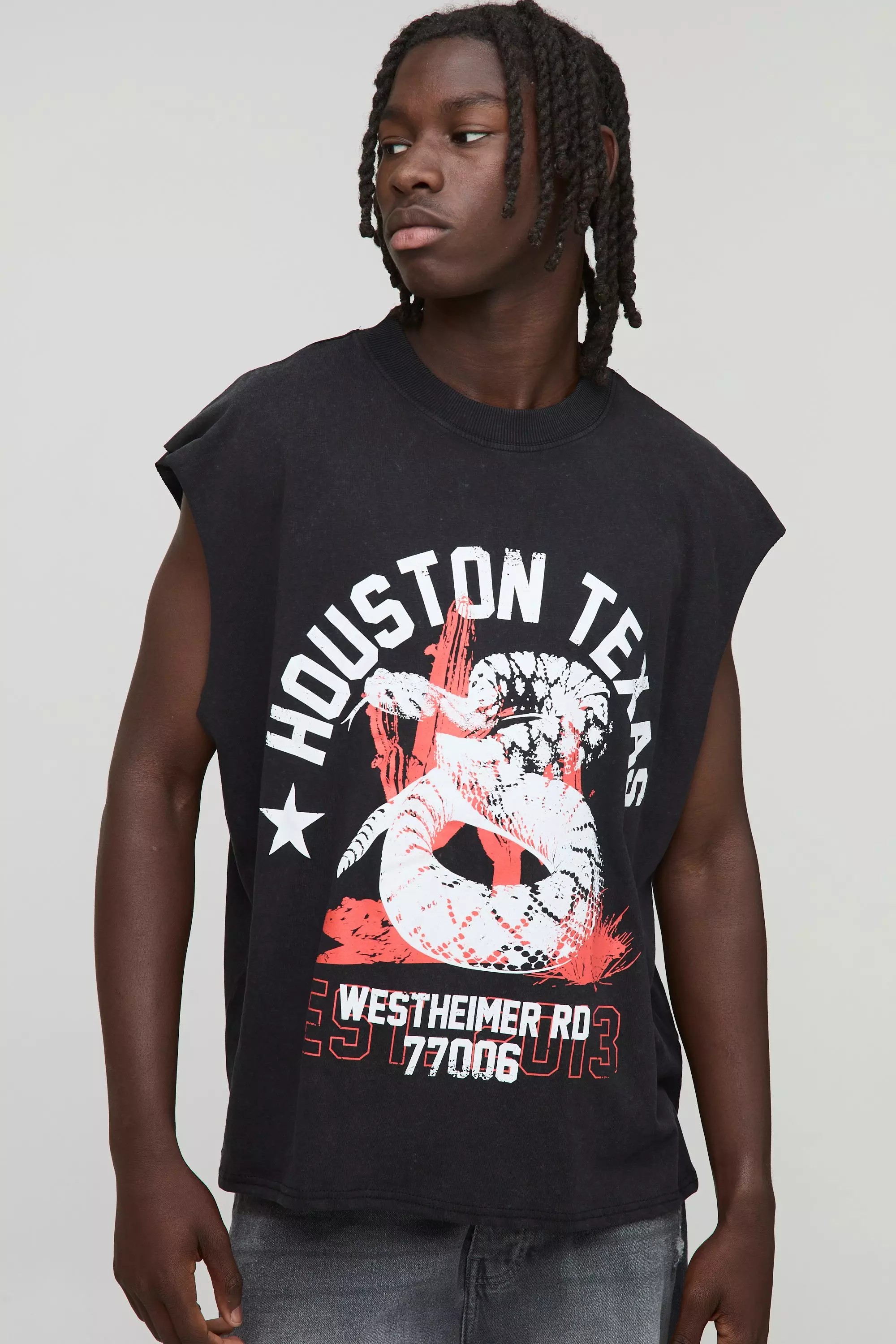 Black Oversized Boxy Extended Neck Houston Texas Washed Graphic Tank | boohooMAN USA