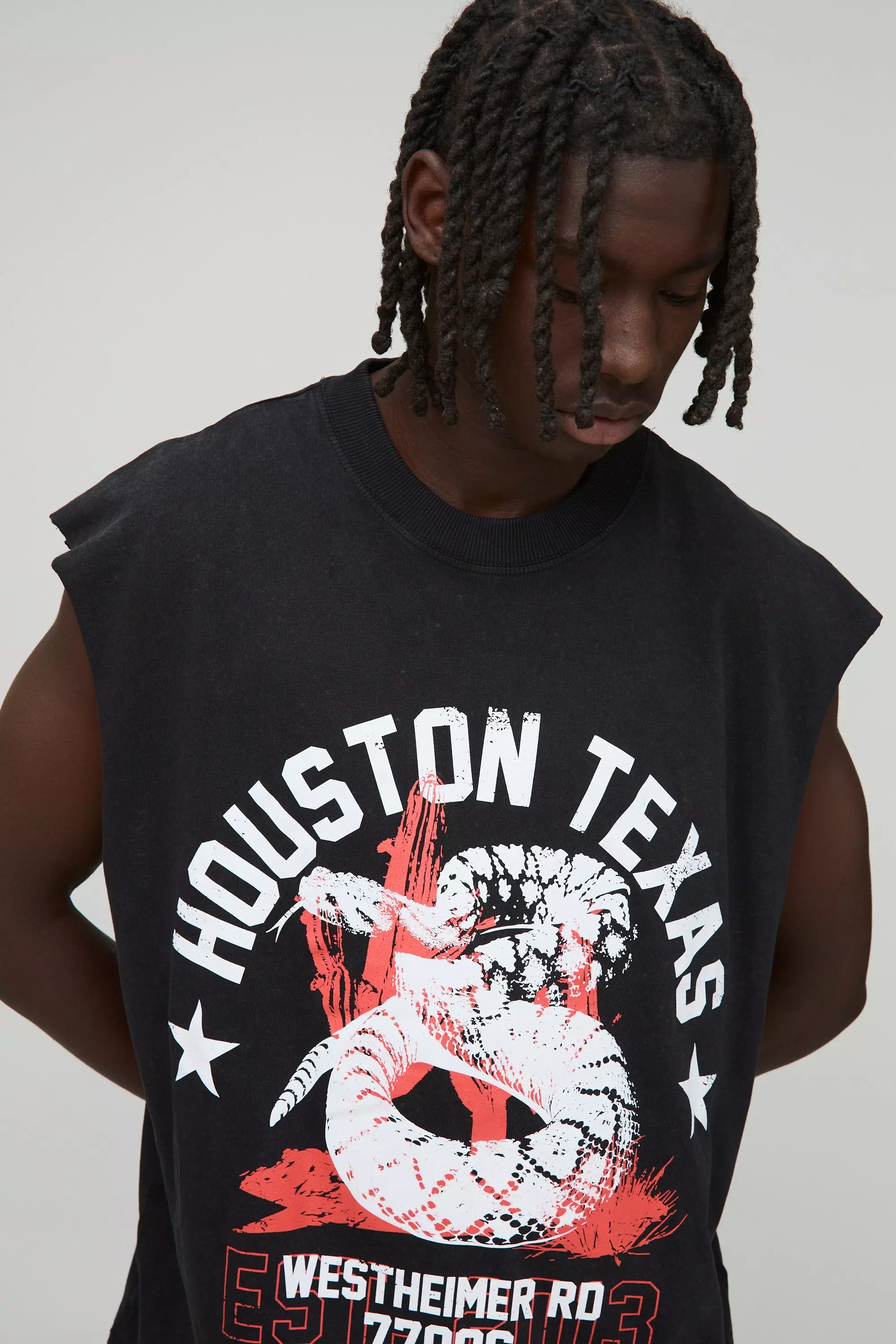 Black Oversized Boxy Extended Neck Houston Texas Washed Graphic Tank | boohooMAN USA