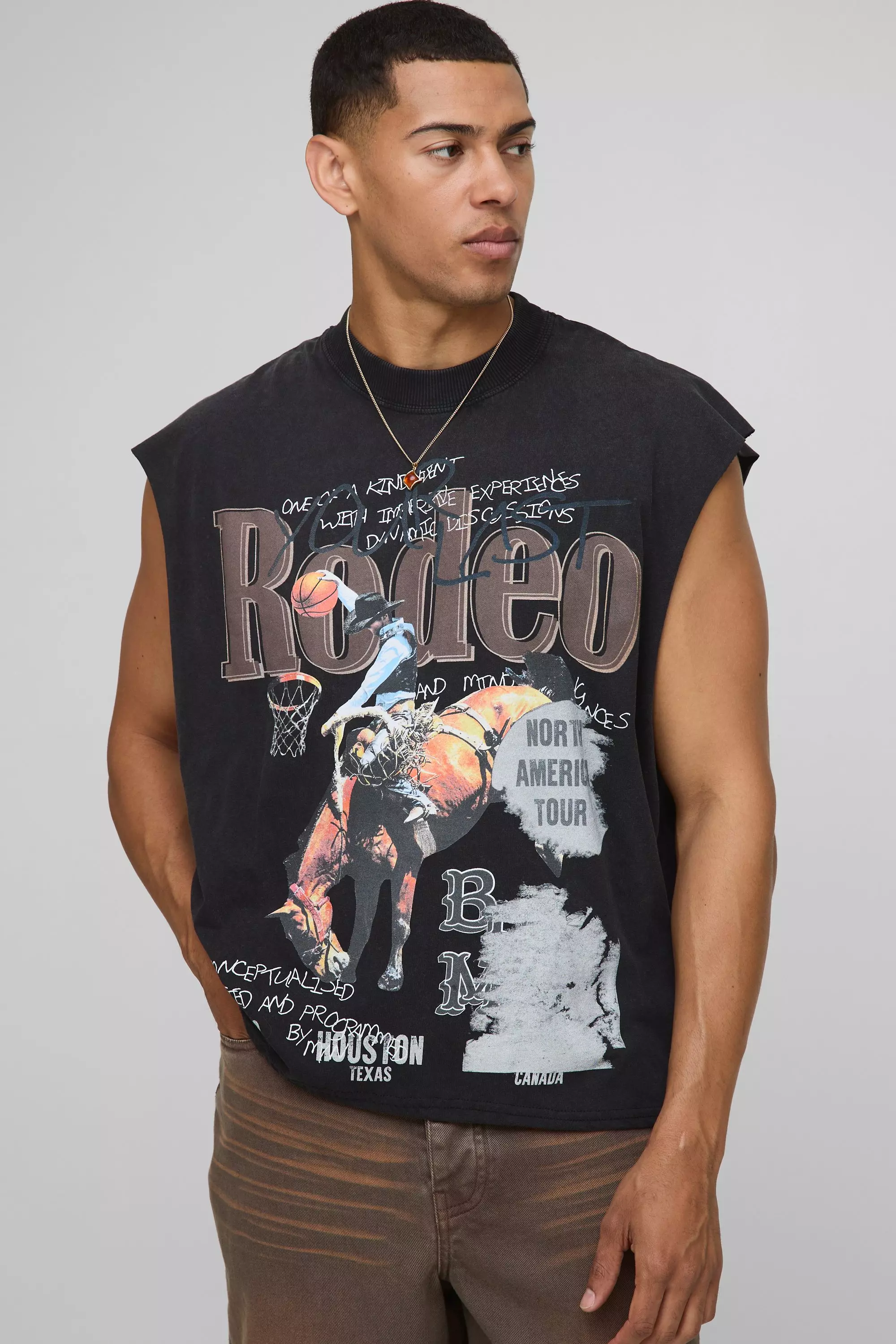 Black Oversized Boxy Extended Neck Western Washed Graphic Tank Black