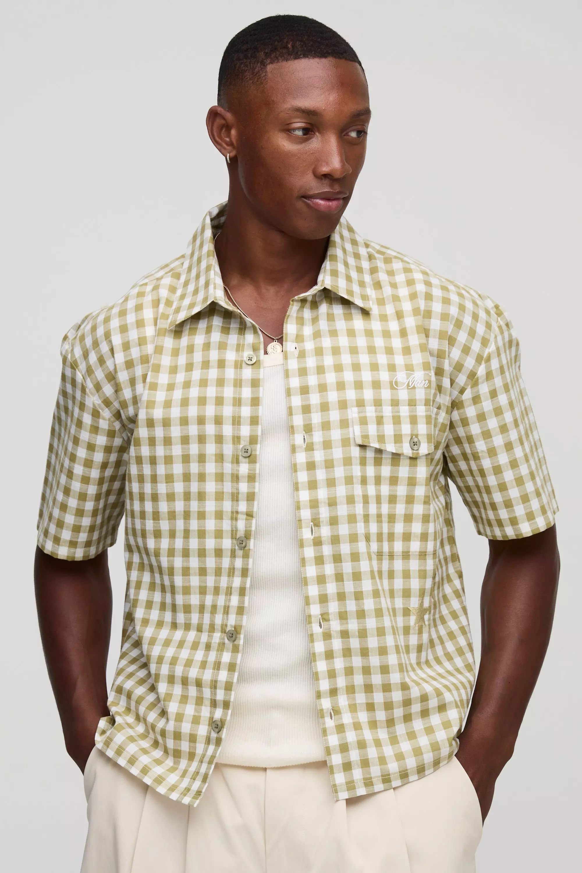 Oversized Pocket Detail Micro Plaid Boxy Shirt | boohooMAN USA