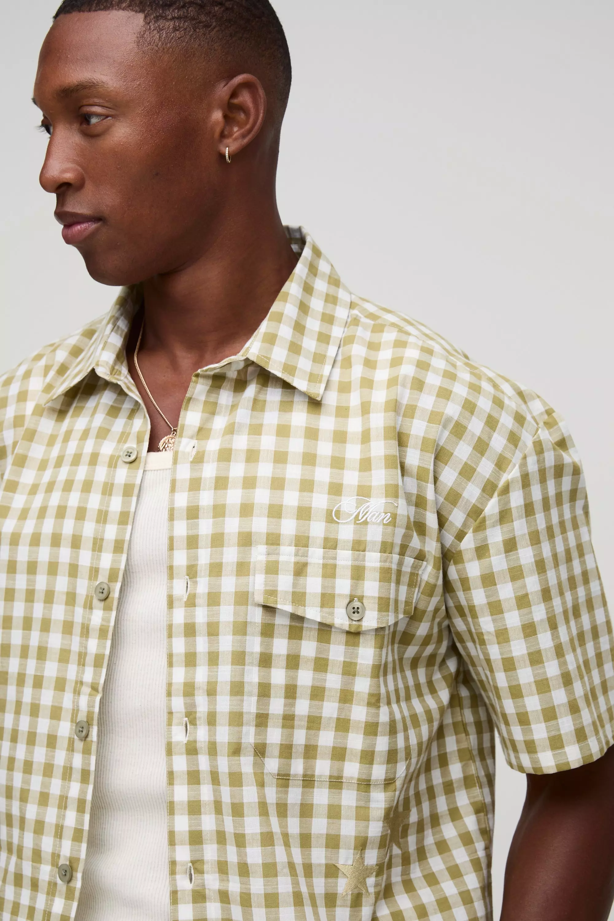 Oversized Pocket Detail Micro Plaid Boxy Shirt | boohooMAN USA