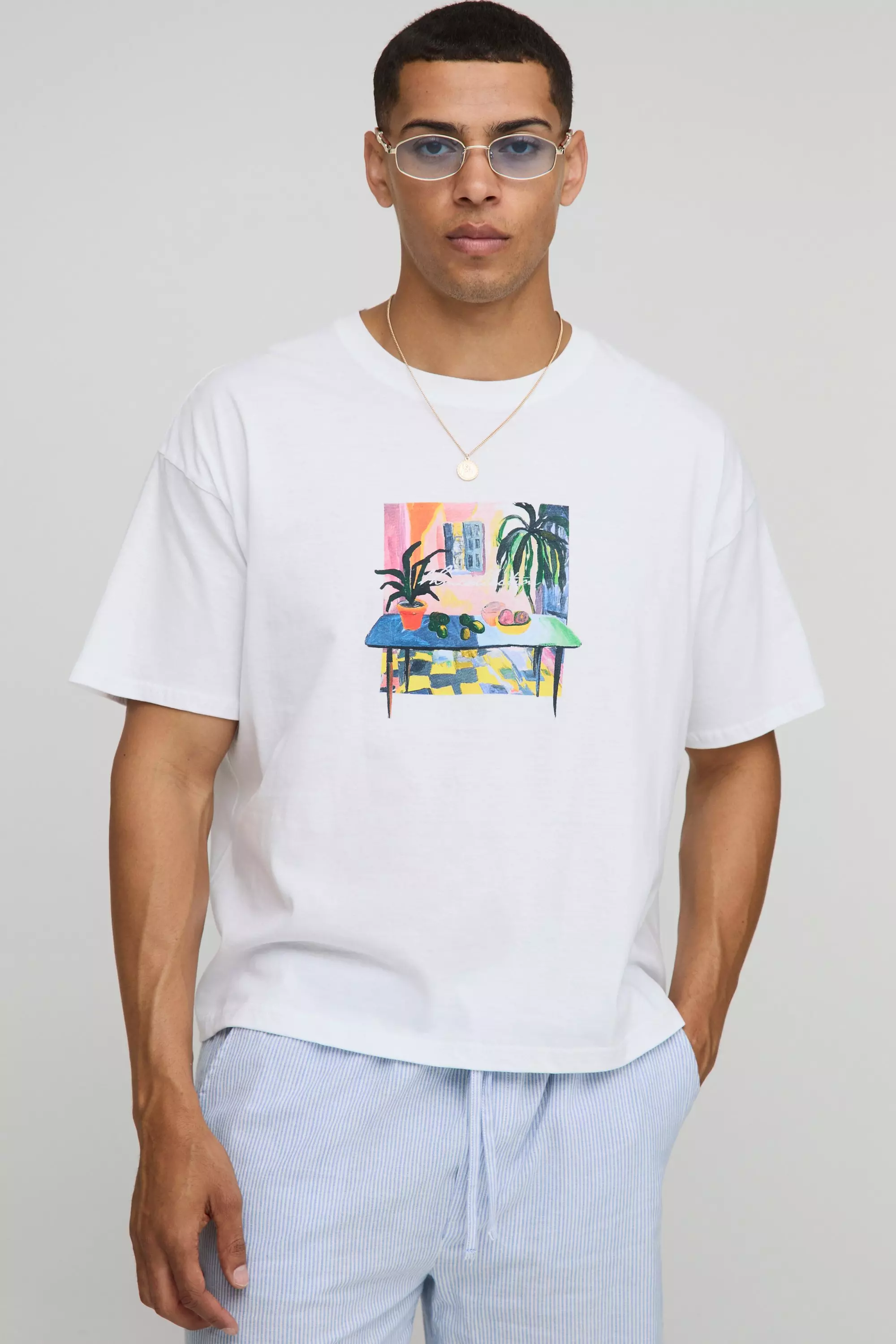Oversized Boxy Front Graphic T-Shirt White