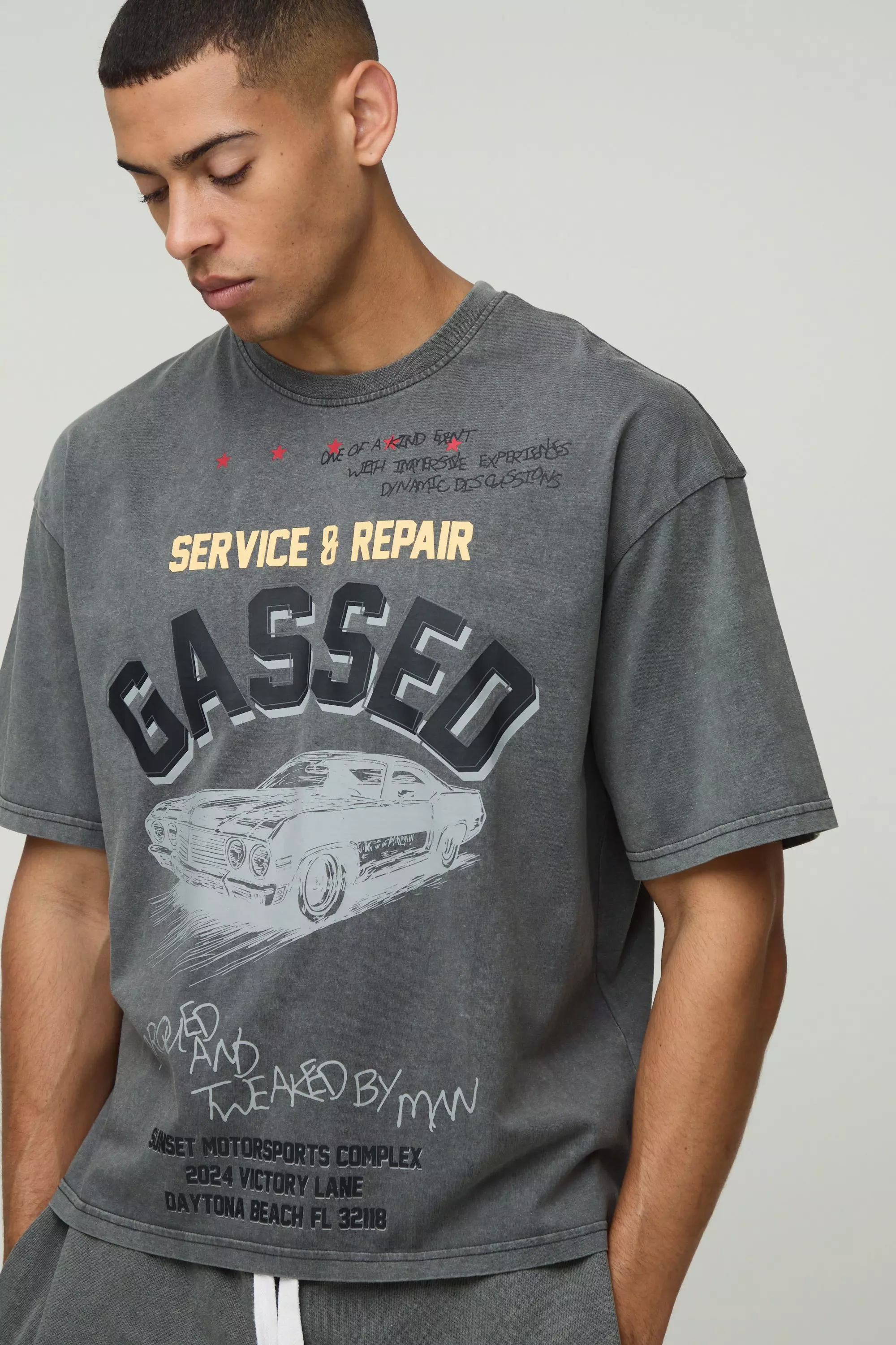 Oversized Boxy Stone Wash Western Graphic T-Shirt Charcoal