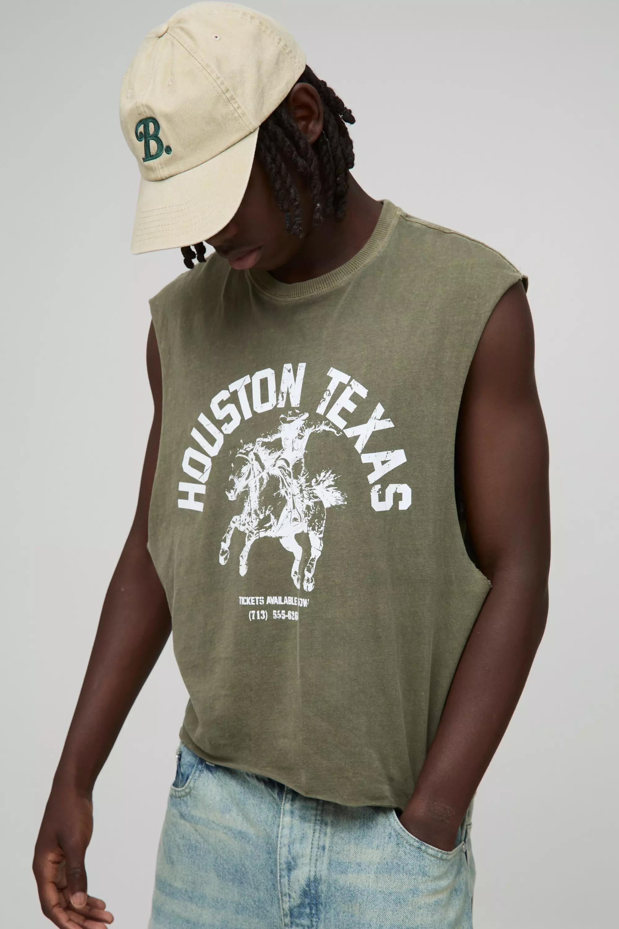 Oversized Boxy Western Washed Graphic Tank Khaki