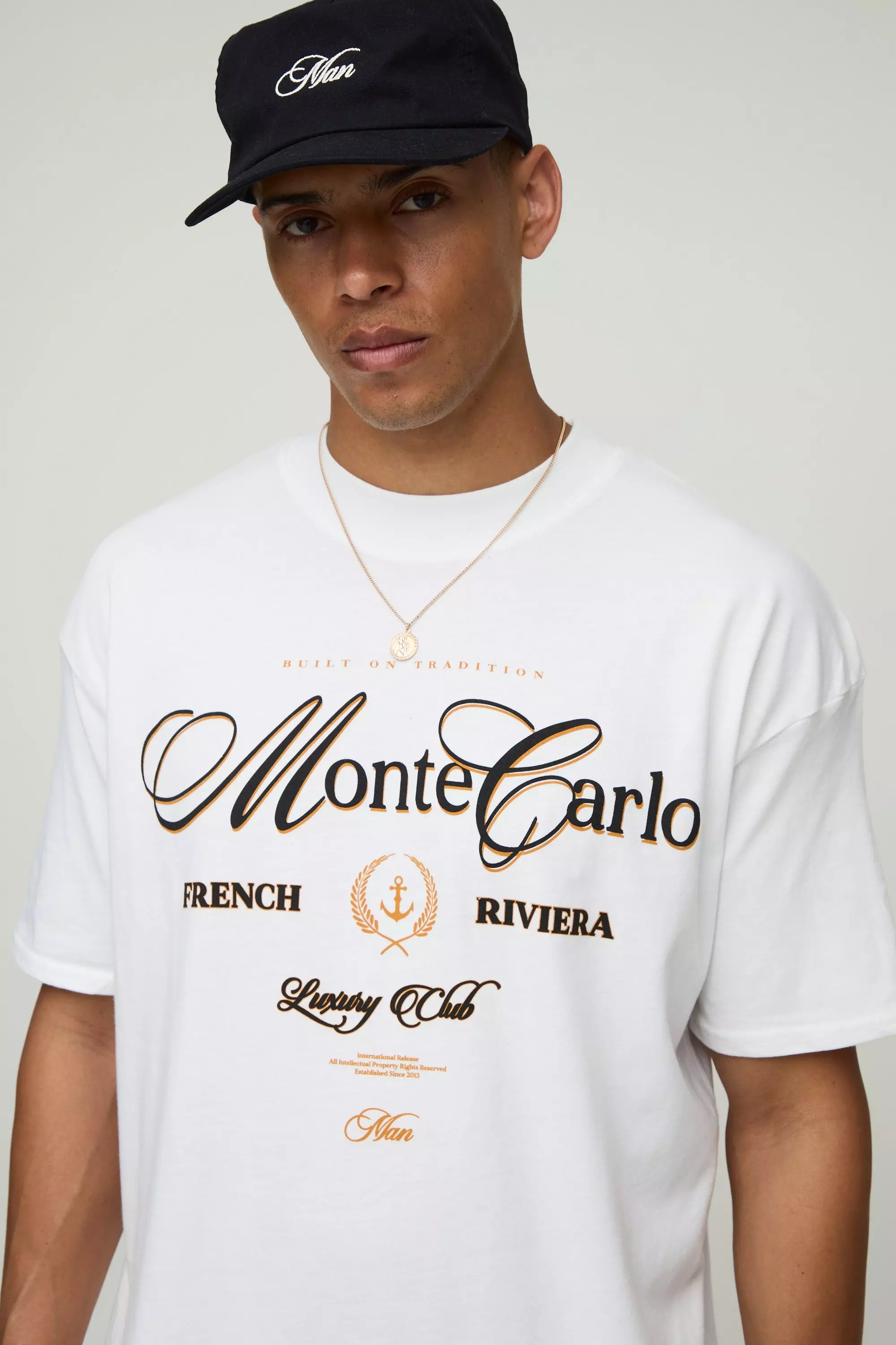 White Oversized Extended Neck Monte Carlo T-Shirt | boohooMAN USA