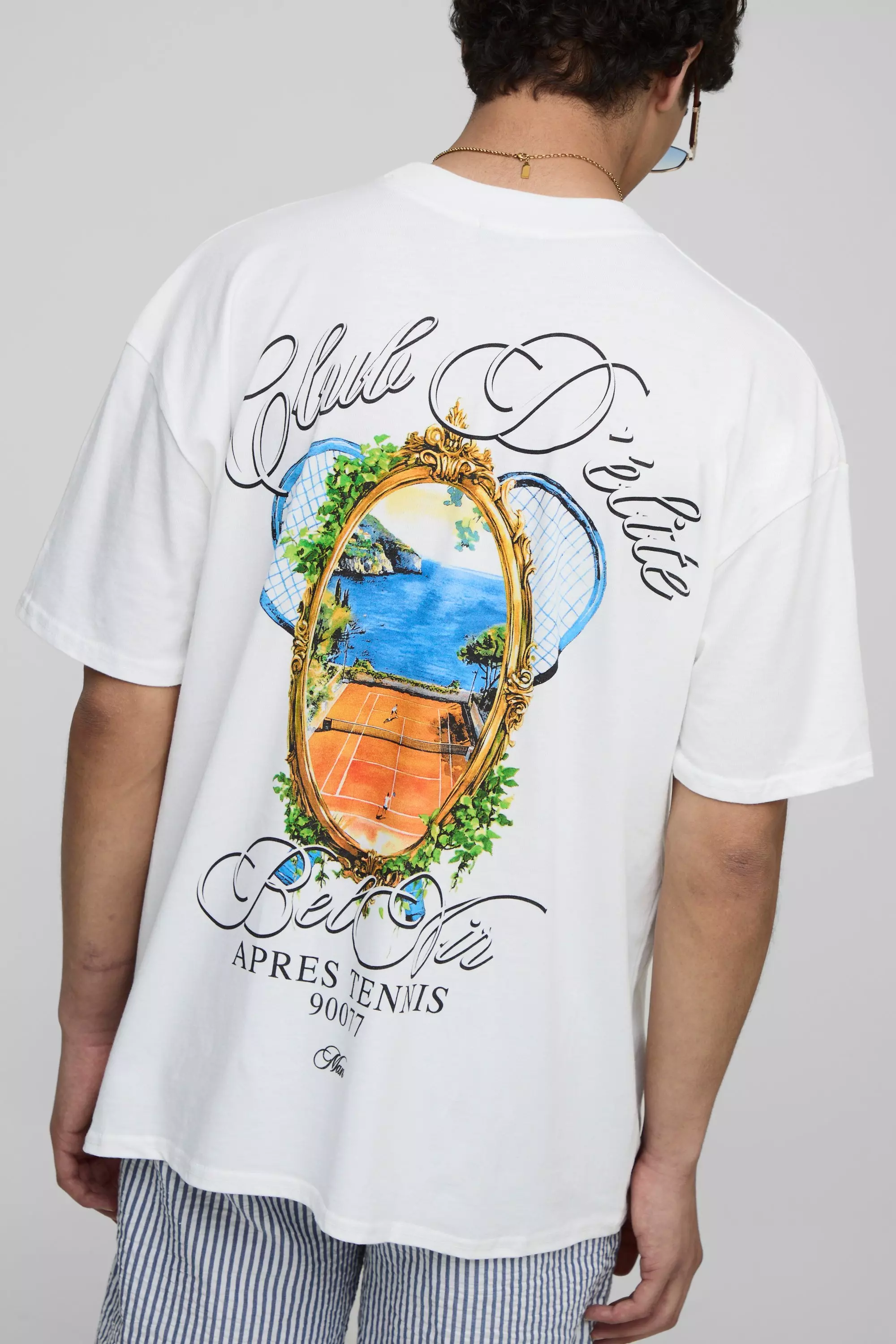 White Oversized MAN Club D'Elite Tennis Printed T-Shirt White
