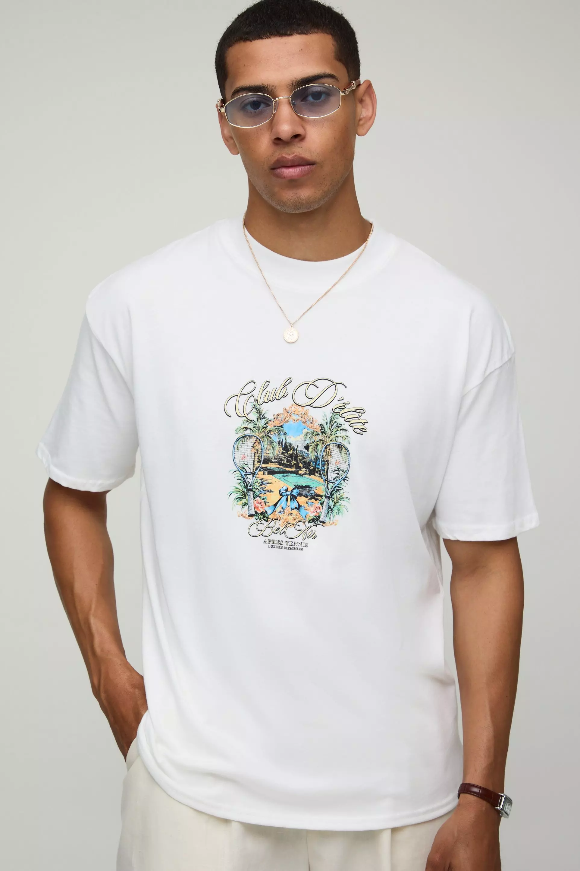 White Oversized MAN Club D'Elite Floral Printed T-Shirt White