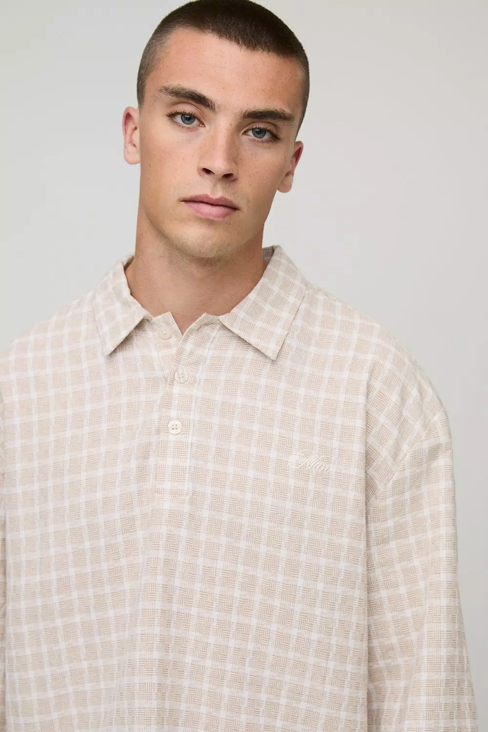 Embroidered Boxy Oversized Boucle Checked Rugby Shirt | boohooMAN
