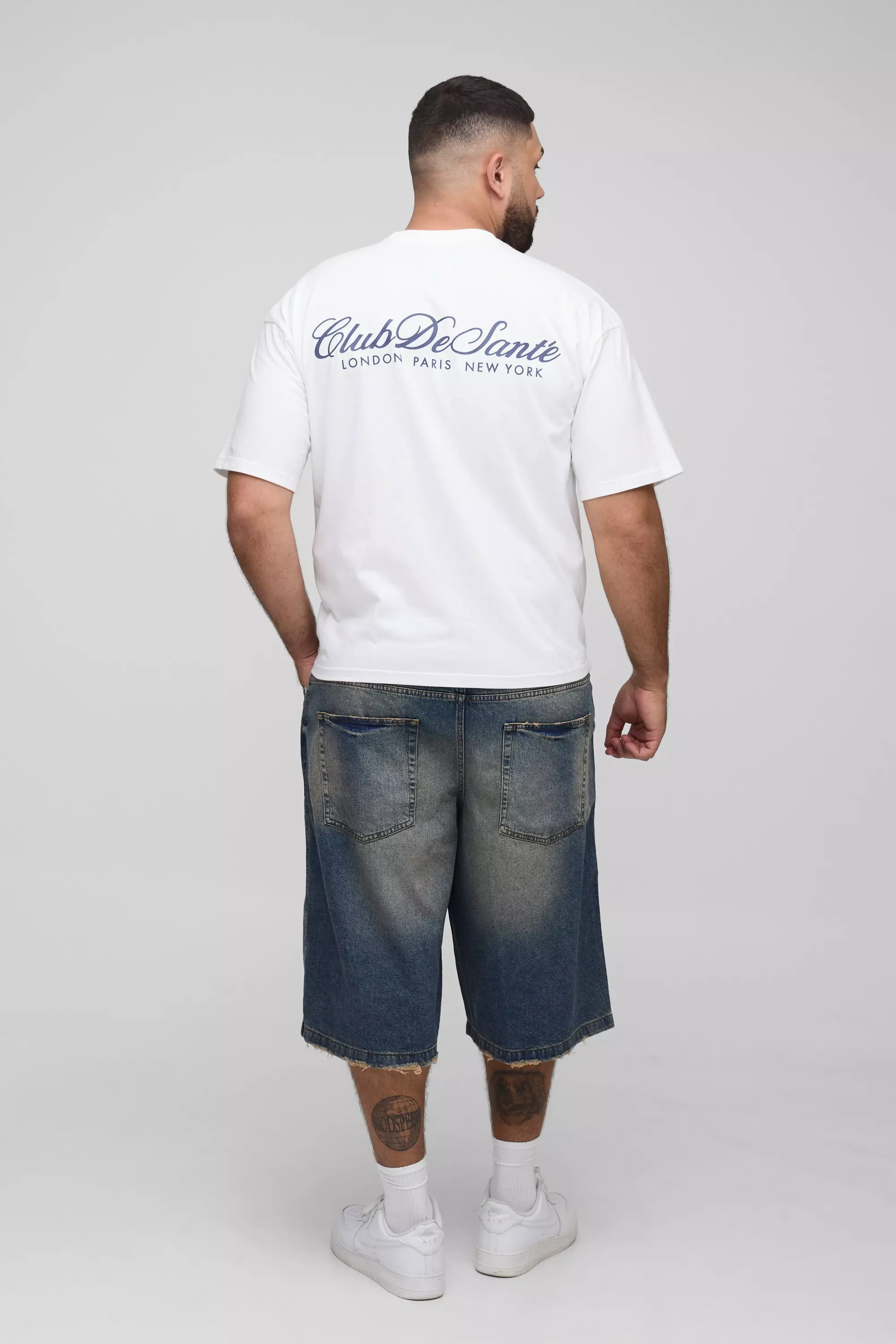 Plus Relaxed Longline Tinted Nibbled Pocket Denim Jorts | boohooMAN UK