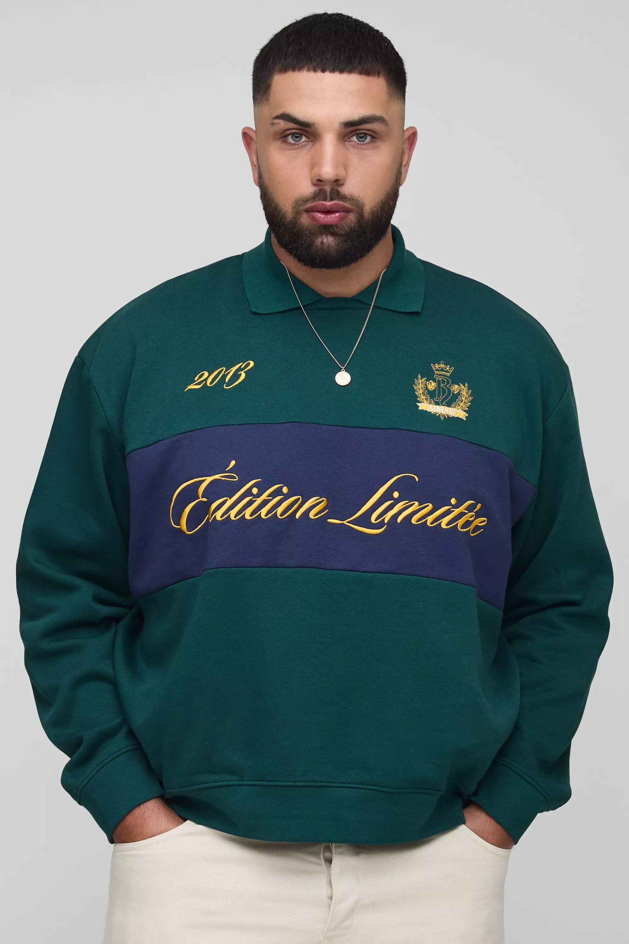Plus Oversized Boxy Edition Embroidered Collared Sweatshirt | boohooMAN USA