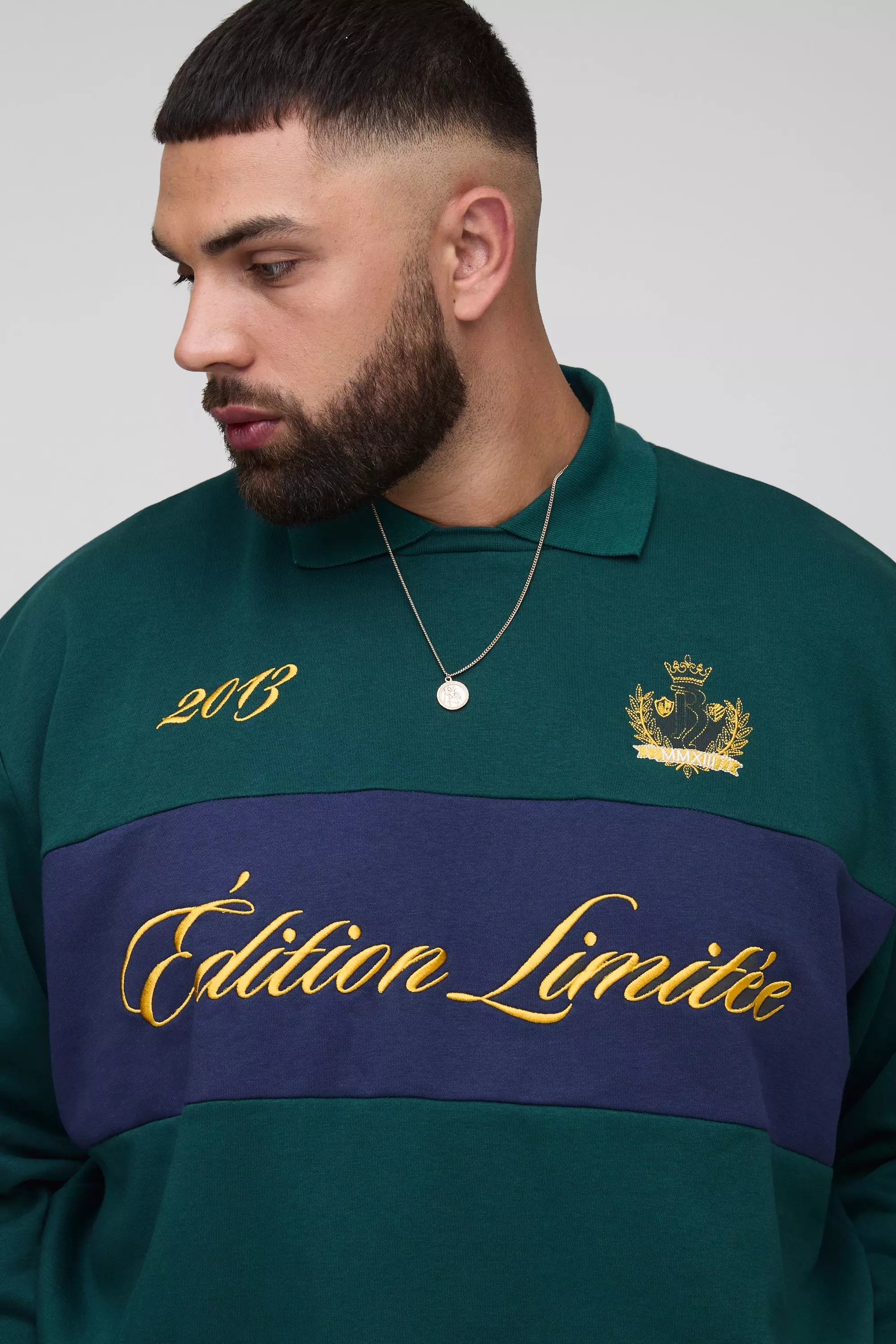 Plus Oversized Boxy Edition Embroidered Collared Sweatshirt | boohooMAN USA