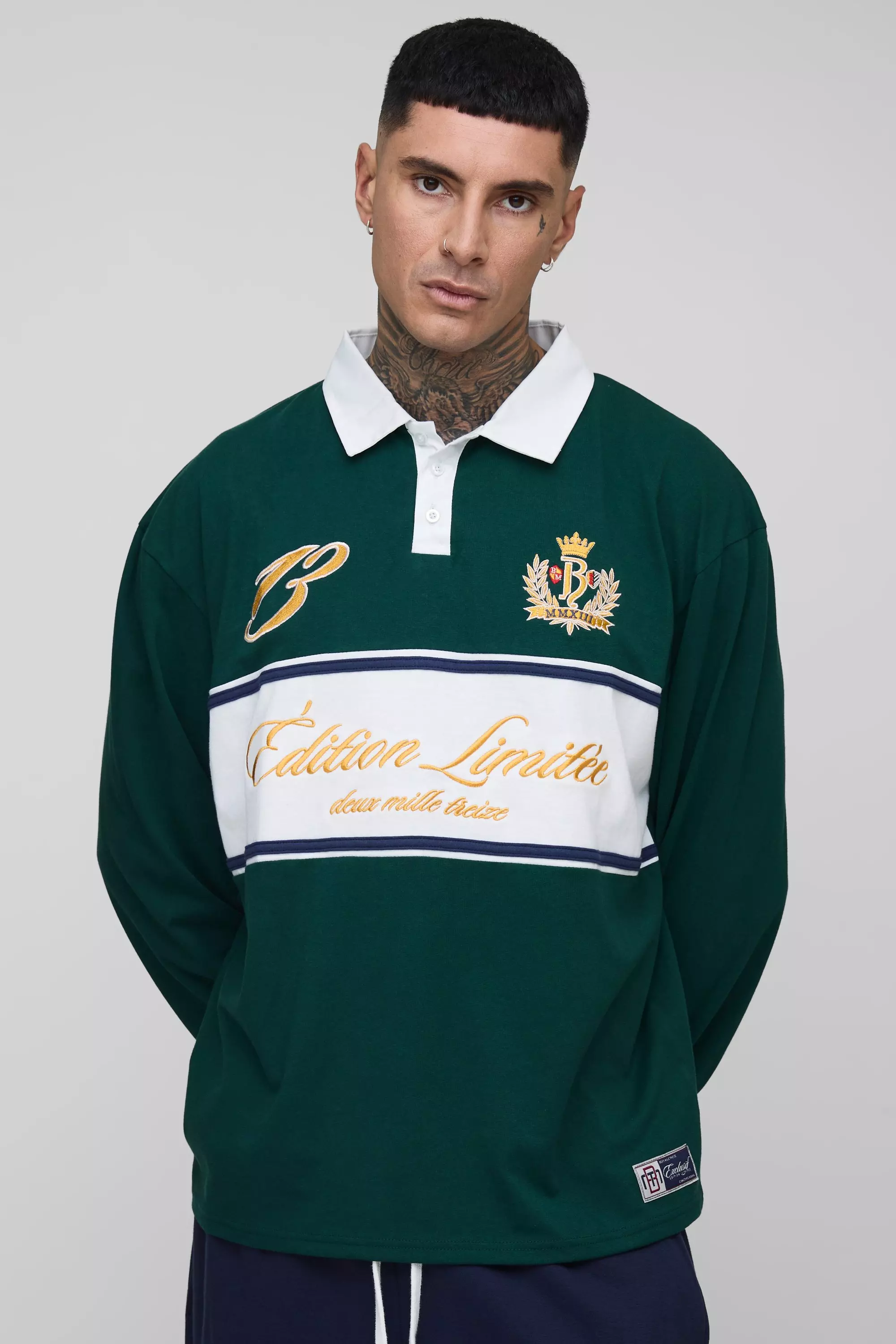 Tall Oversized Varsity Embroidered Rugby Polo | boohooMAN USA