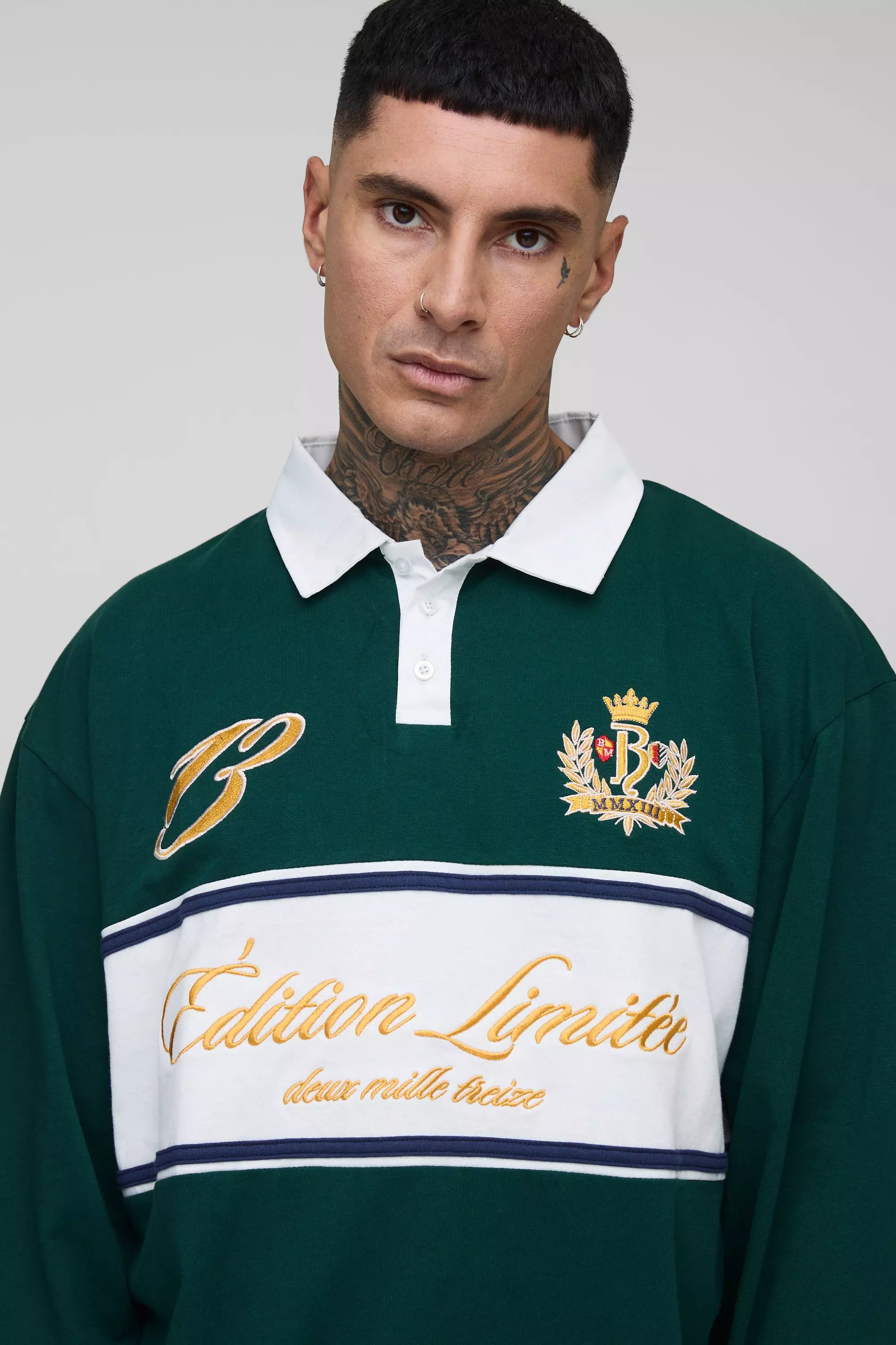 Tall Oversized Varsity Embroidered Rugby Polo | boohooMAN USA
