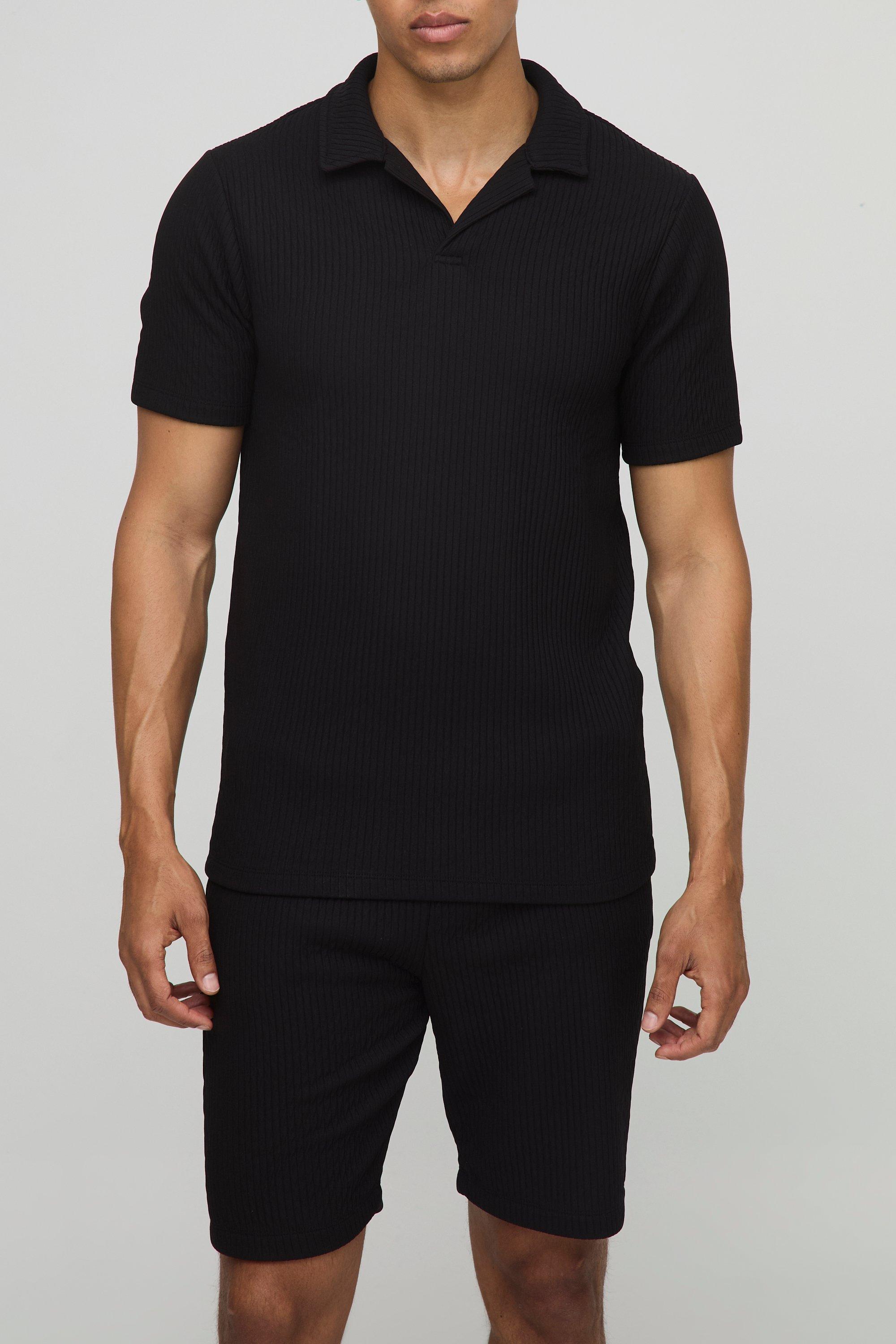 Slim Fit Textured Rib Revere Polo & Shorts Set | boohooMAN USA