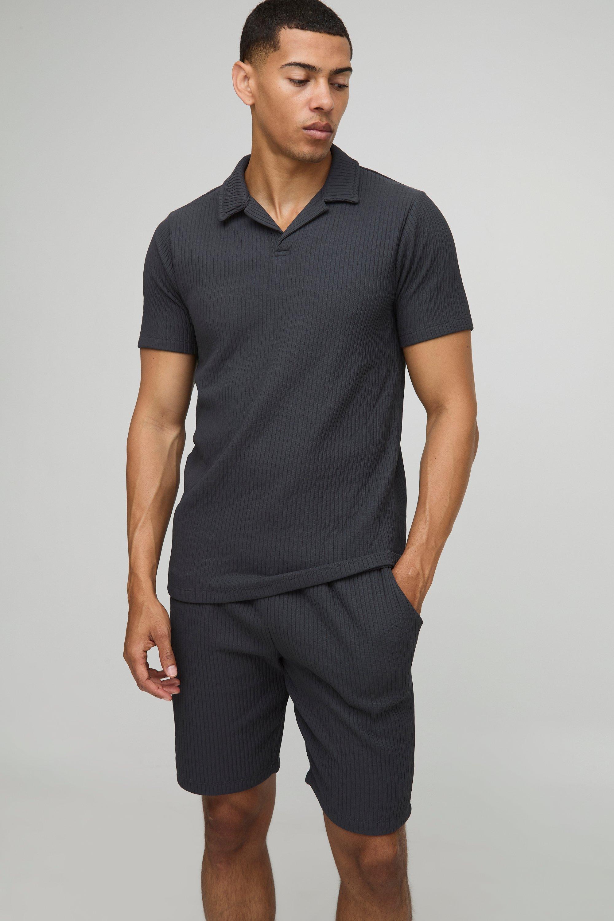 Slim Fit Textured Rib Revere Polo & Shorts Set | boohooMAN USA