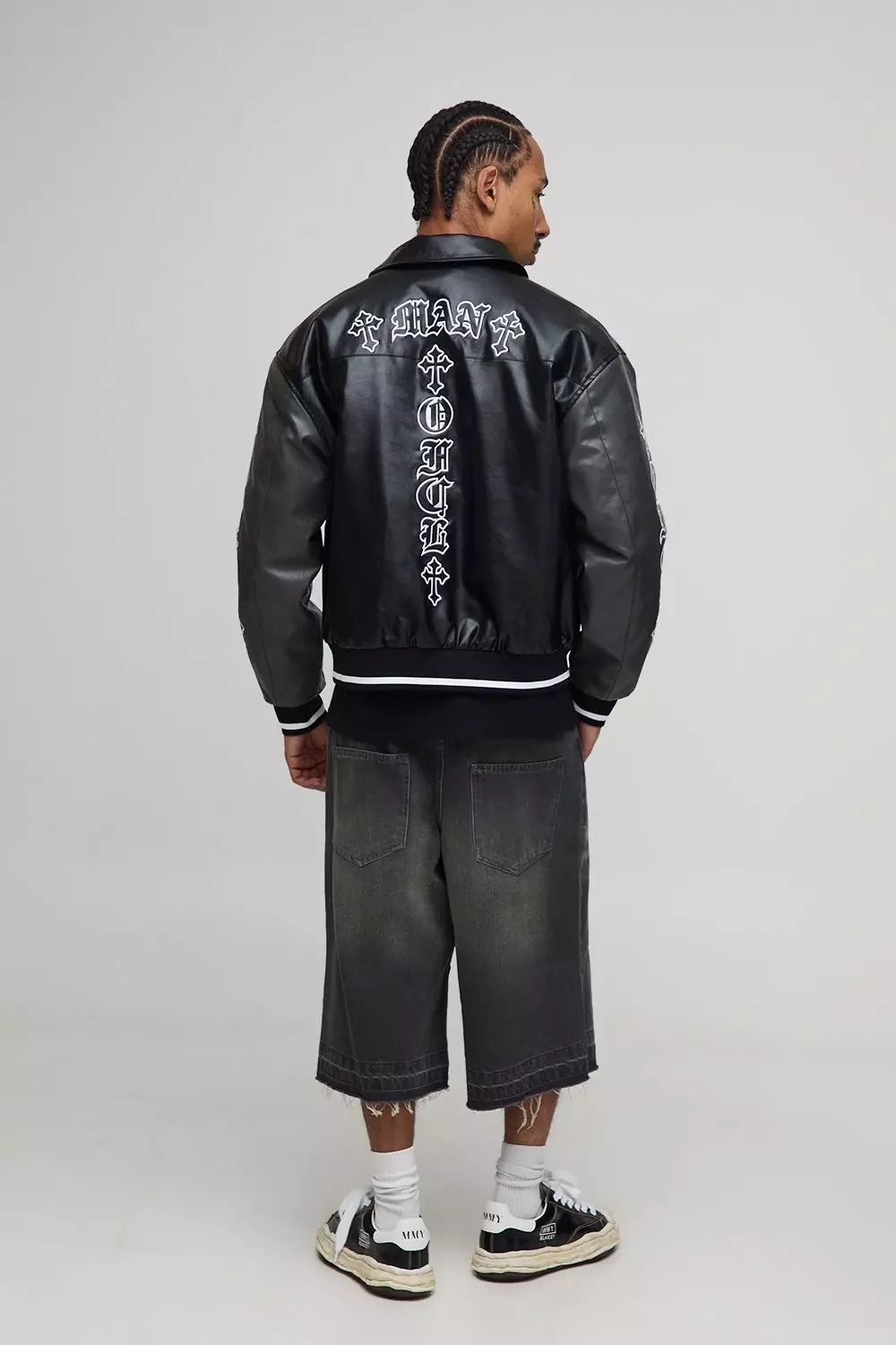PU Multi Applique Boxy Bomber Jacket | boohooMAN USA