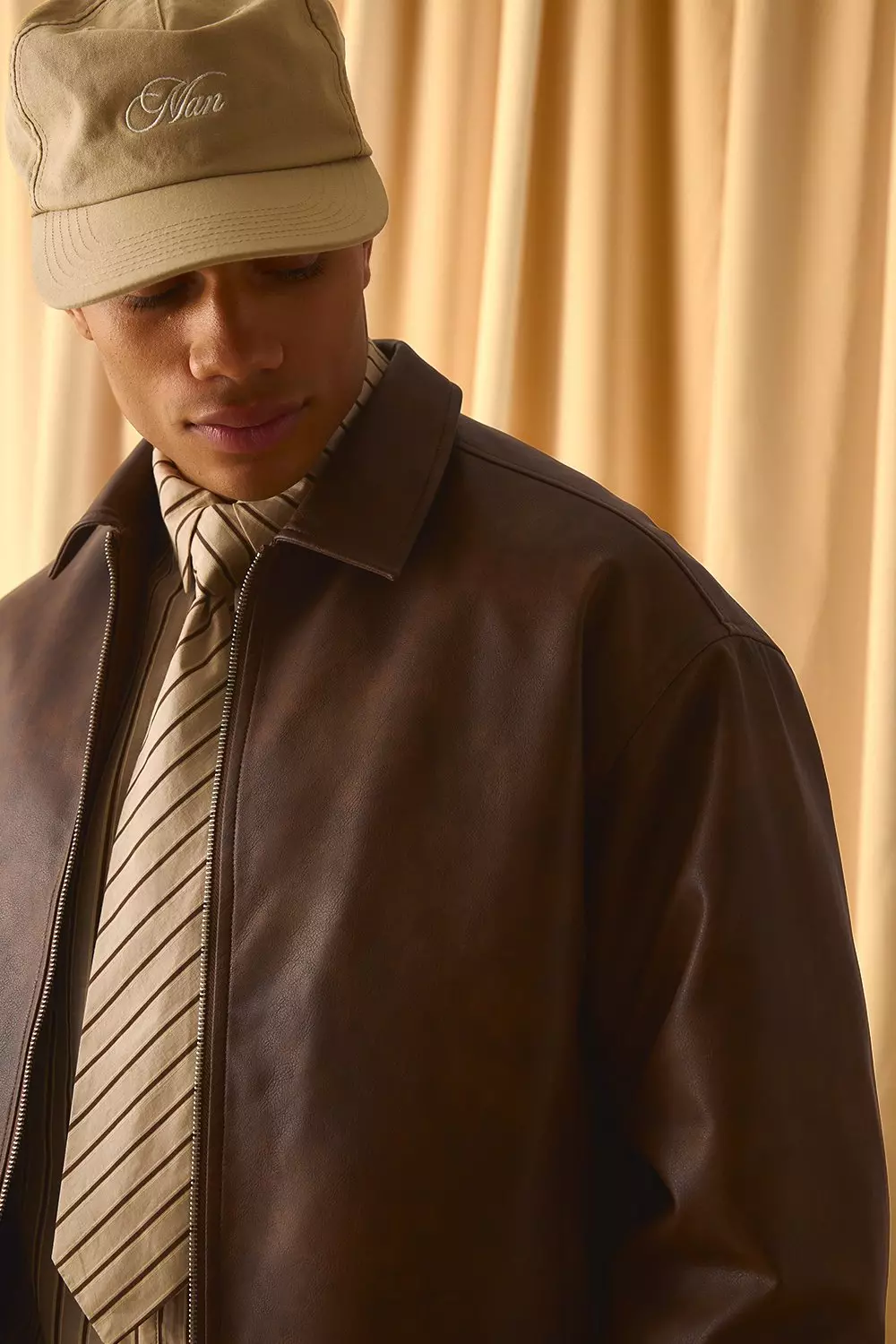 Antique PU Zip Up Harrington Jacket | boohooMAN USA