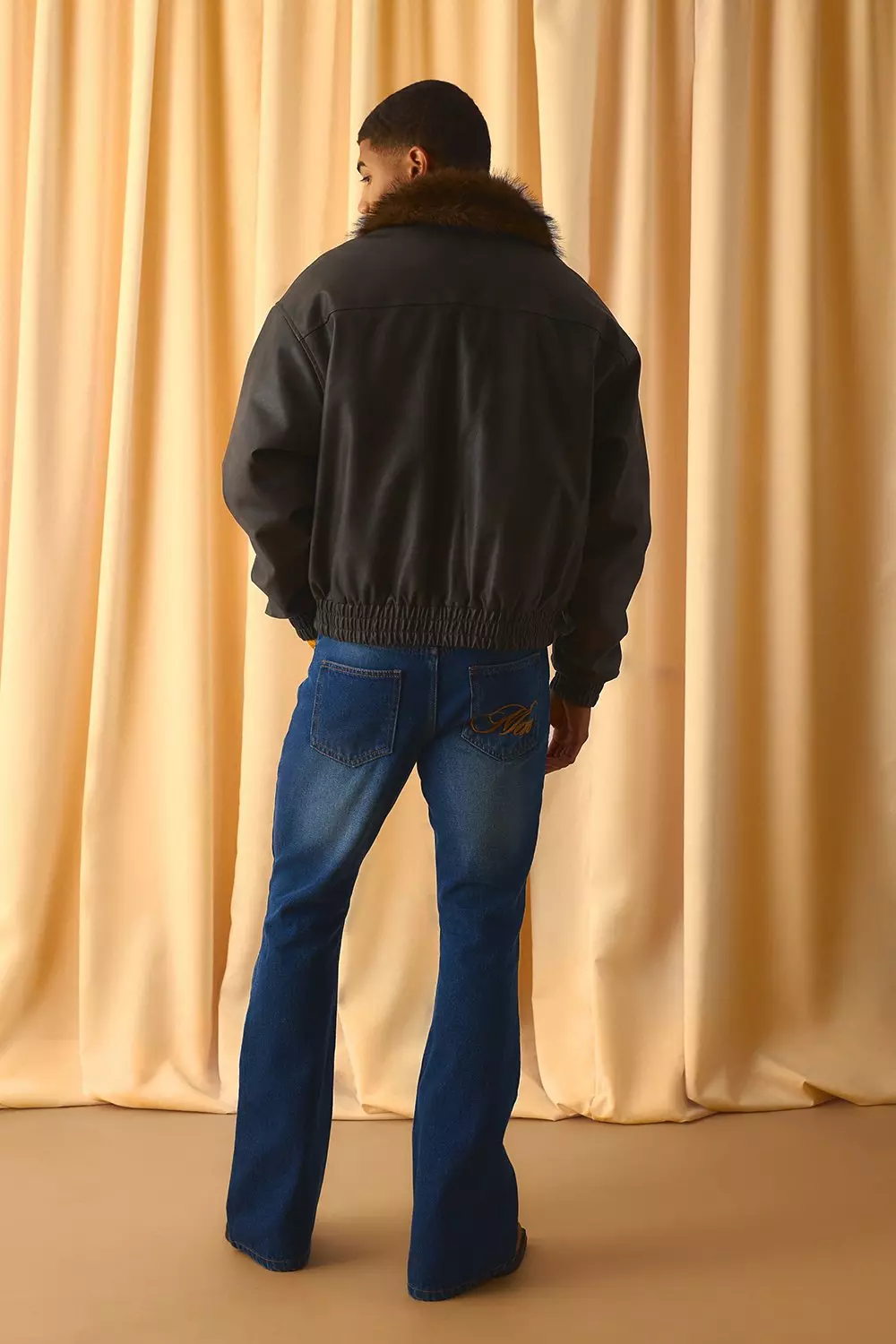 Oversized Boxy Fit Antique PU Bomber with Faux Fur Collar | boohooMAN USA