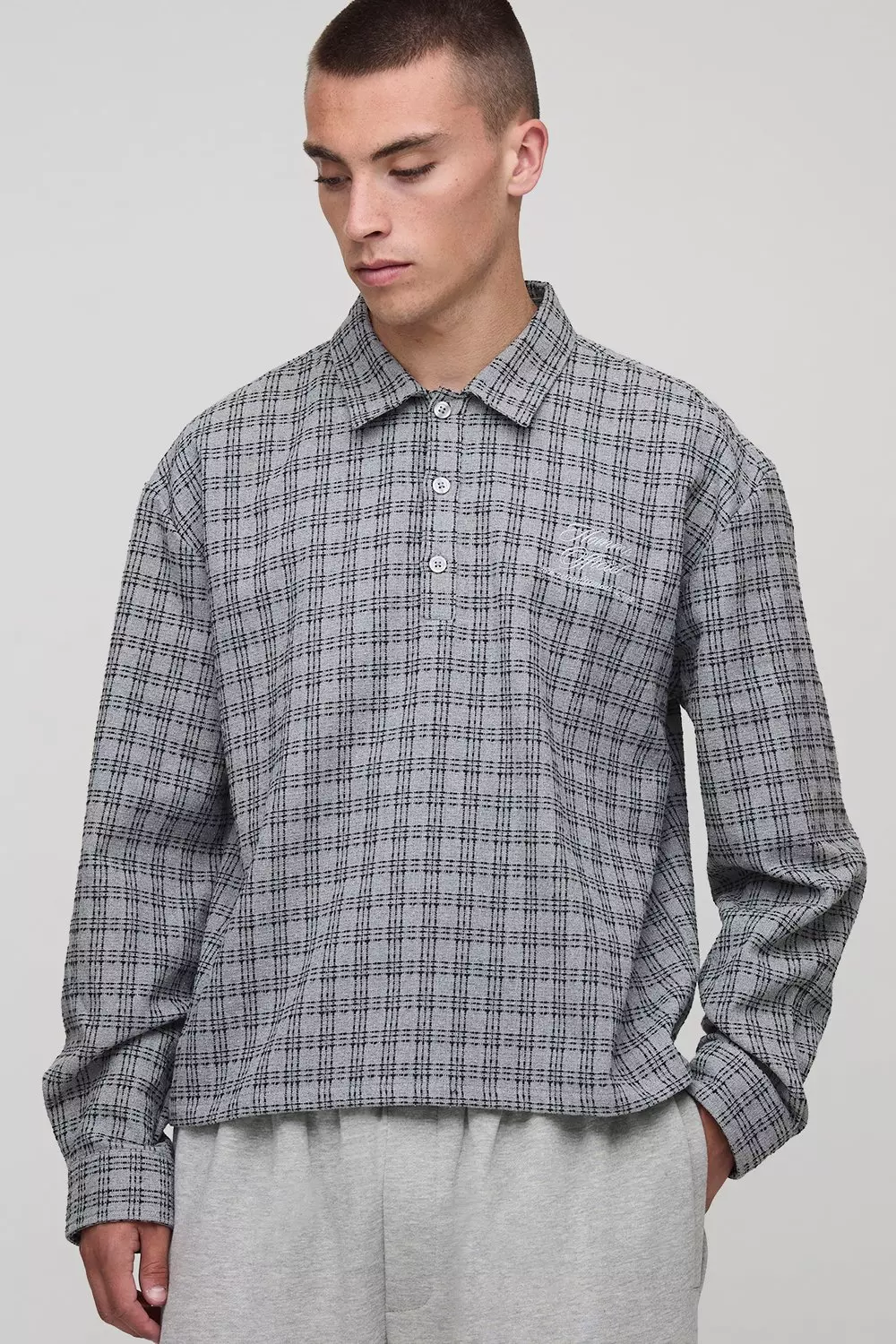 Oversized Boxy Microcheck Embroidered Collared Shirt | boohooMAN USA
