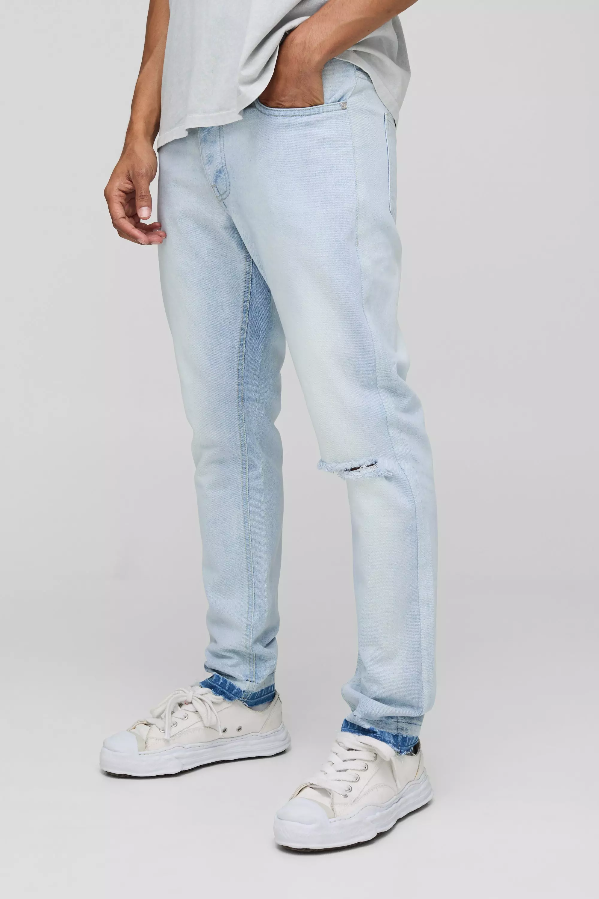 Slim Fit Subtle Ripped Tinted Jeans With Let Down Hem | boohooMAN USA