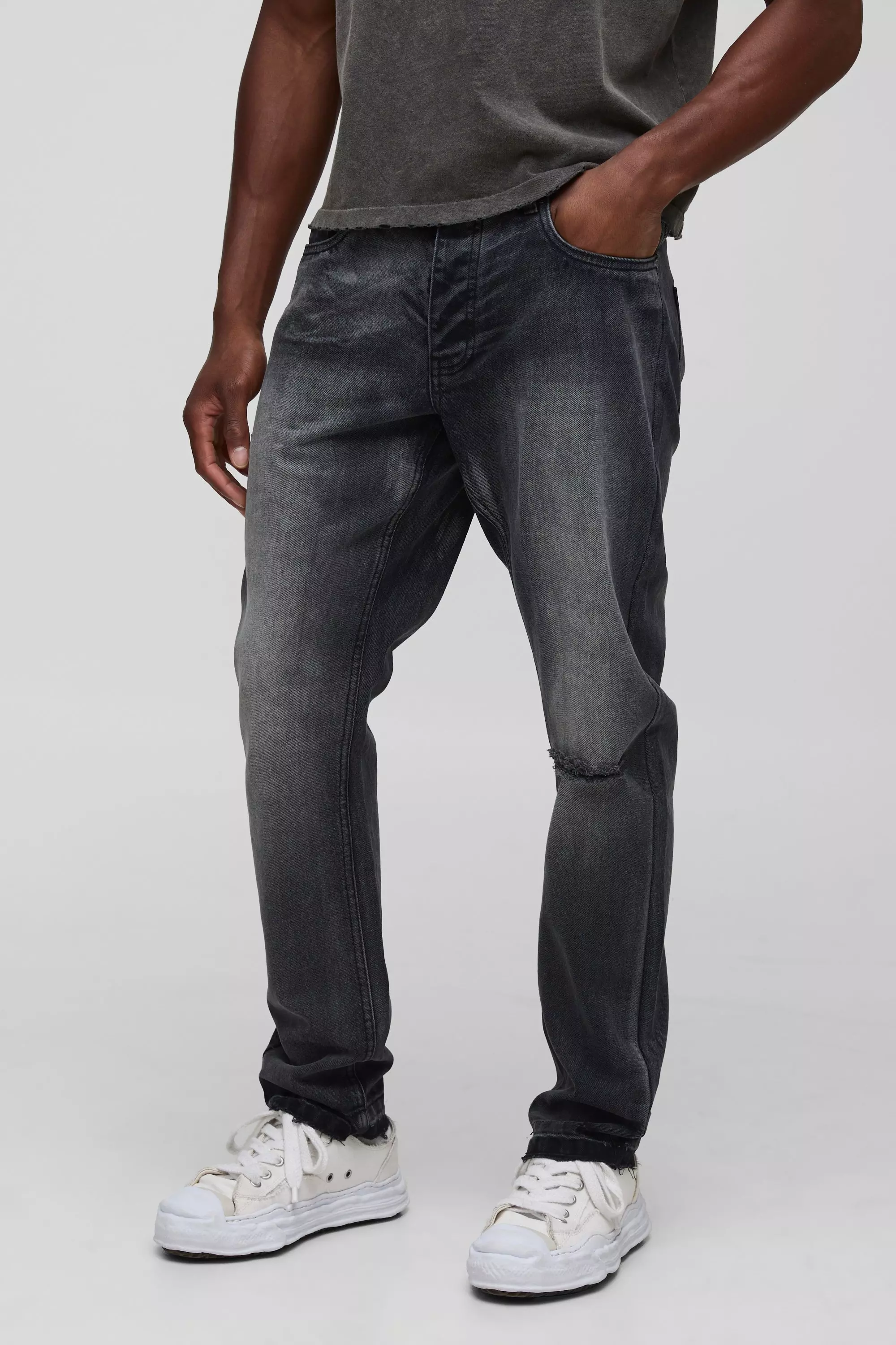 Slim Fit Subtle Ripped Tinted Jeans With Let Down Hem | boohooMAN USA
