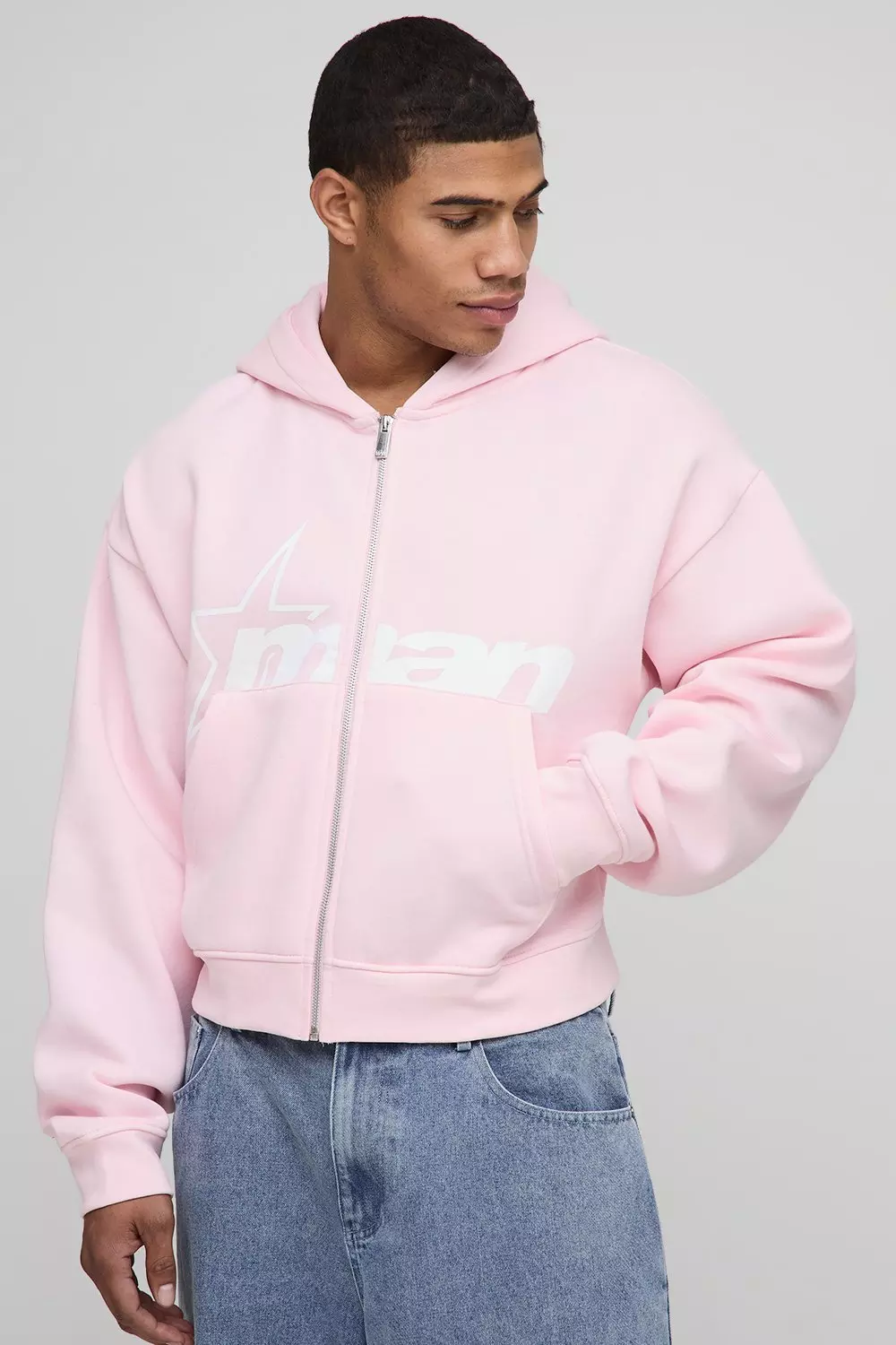 Pink Shrunken Zip Through M Star Printed Hoodie | boohooMAN USA