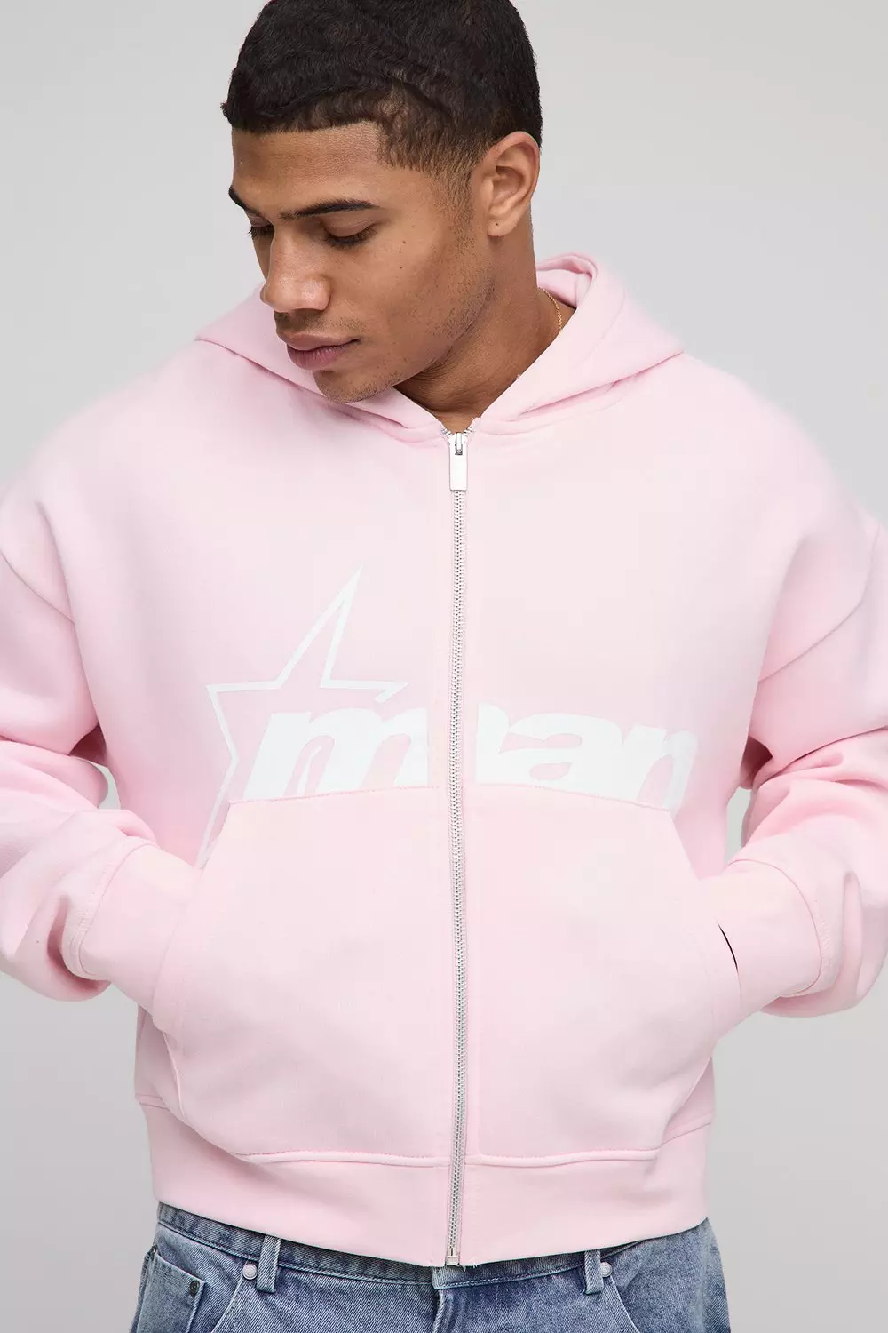 Pink Shrunken Zip Through M Star Printed Hoodie | boohooMAN USA