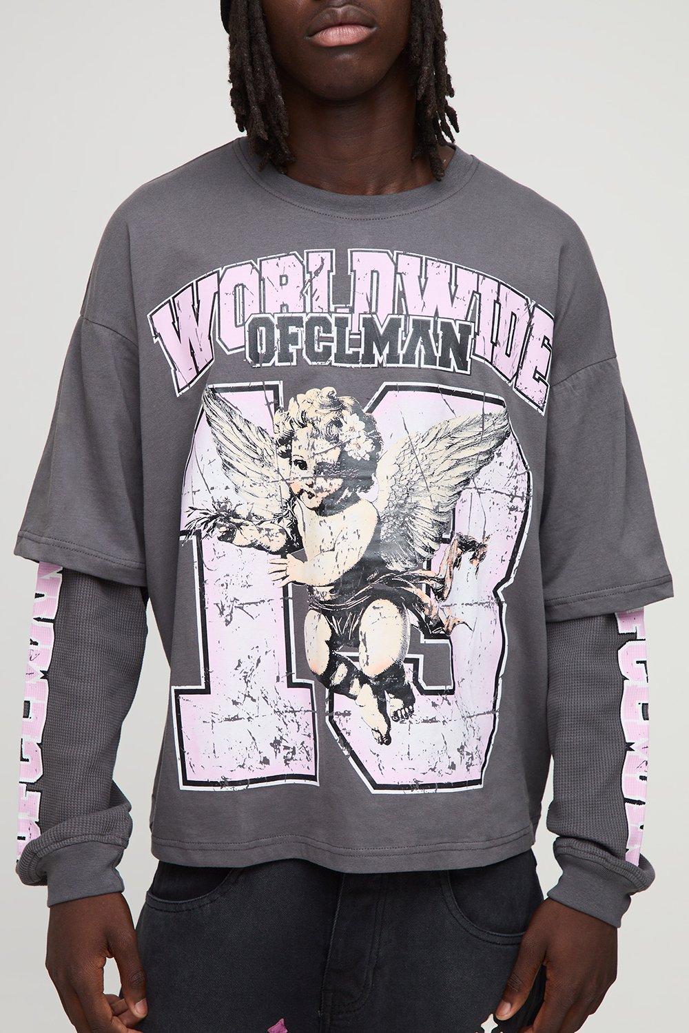 Oversized Boxy Worldwide Varsity Waffle Faux Layer Long Sleeve T-Shirt | boohooMAN USA