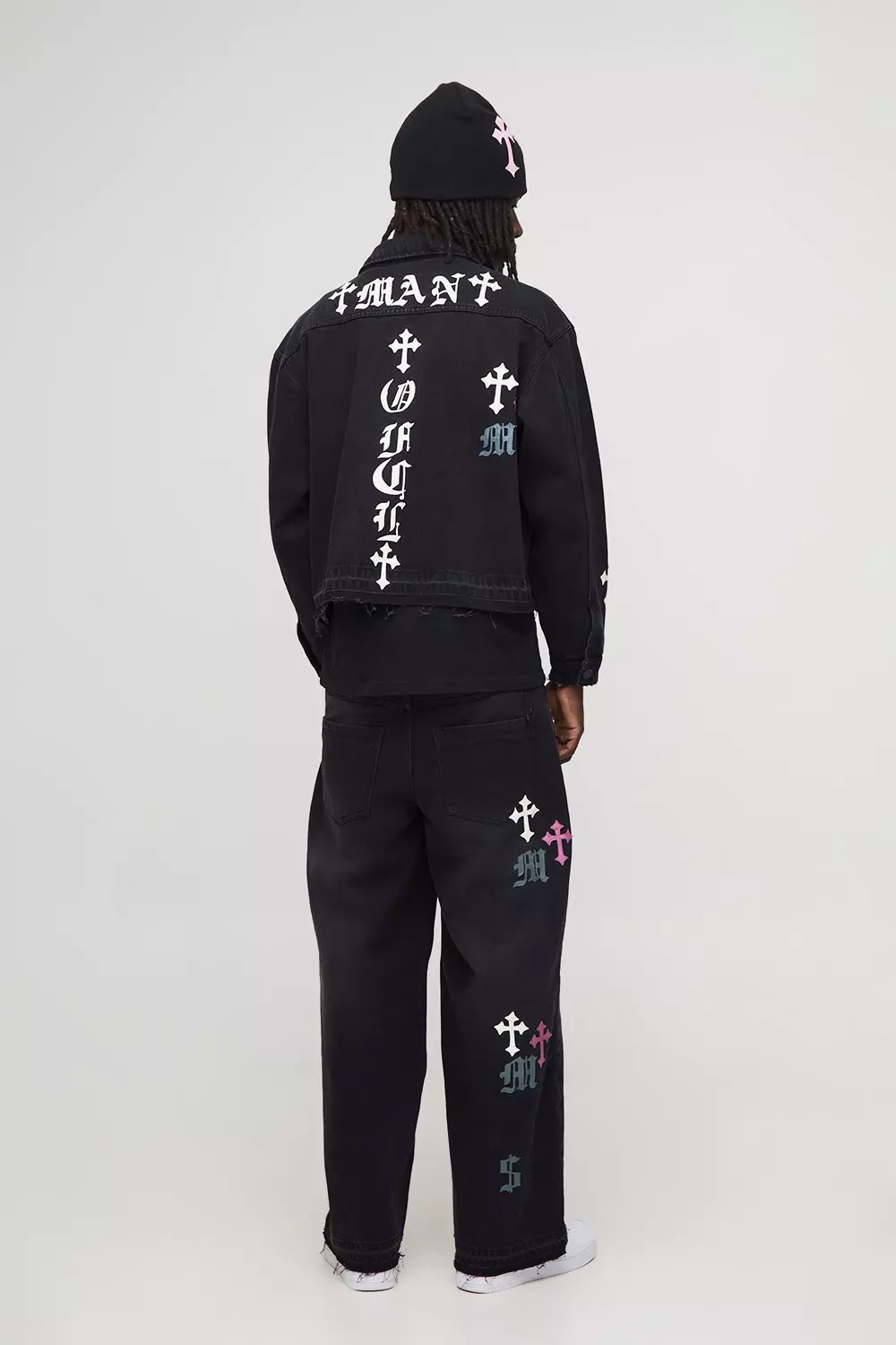 Boxy Fit PU Applique Denim Jacket | boohooMAN USA