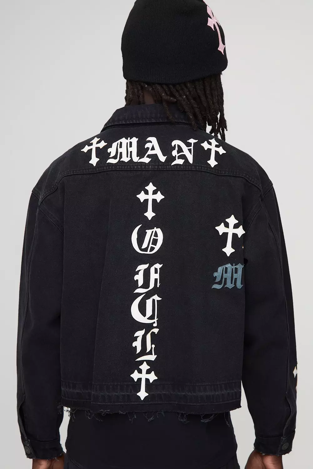Boxy Fit PU Applique Denim Jacket | boohooMAN USA