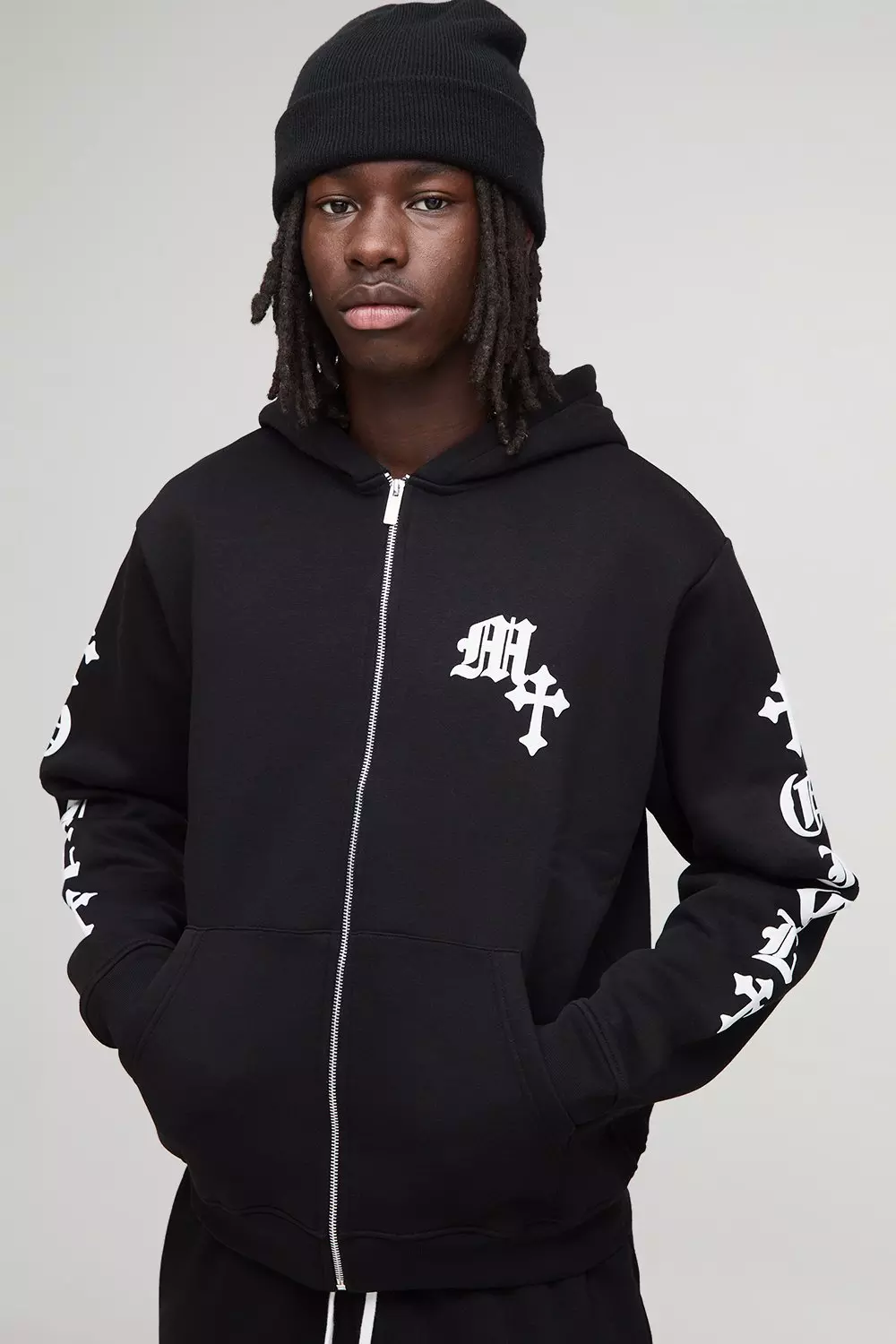Gothic Graphic Puff Print Zip Through Hoodie | boohooMAN USA