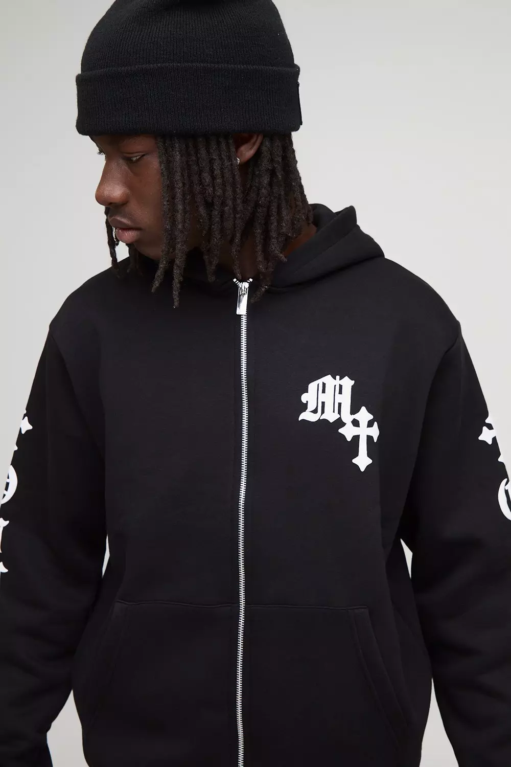 Gothic Graphic Puff Print Zip Through Hoodie | boohooMAN USA