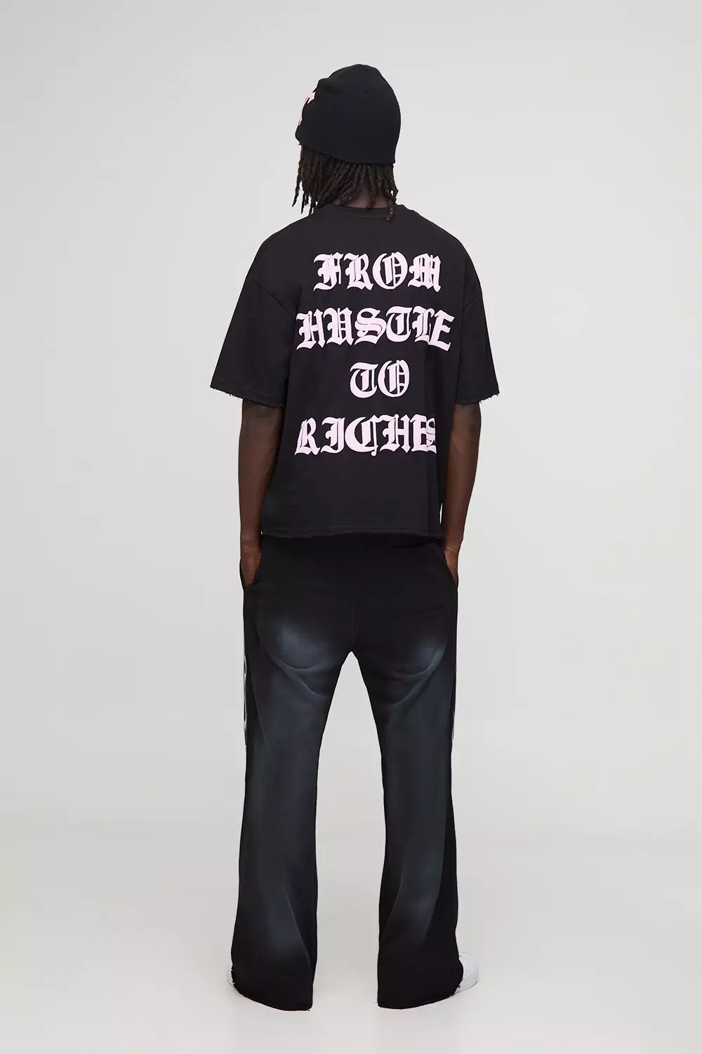 Glitter Print Spray Wash Graphic Flared Gusset Joggers | boohooMAN USA