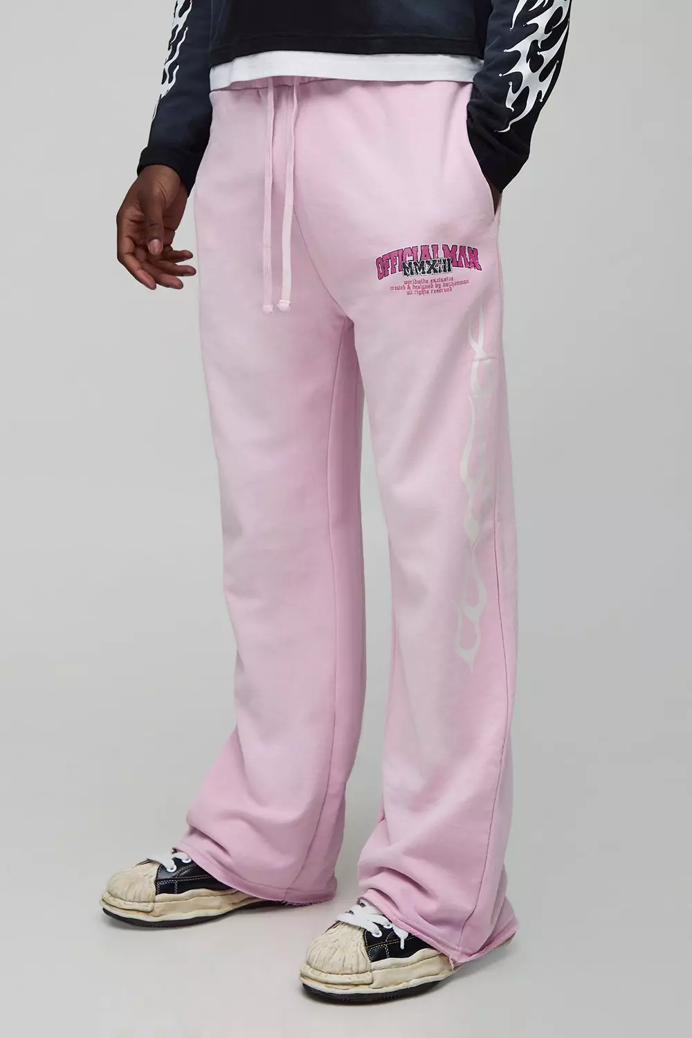 Glitter Print Spray Wash Graphic Flared Gusset Joggers | boohooMAN USA