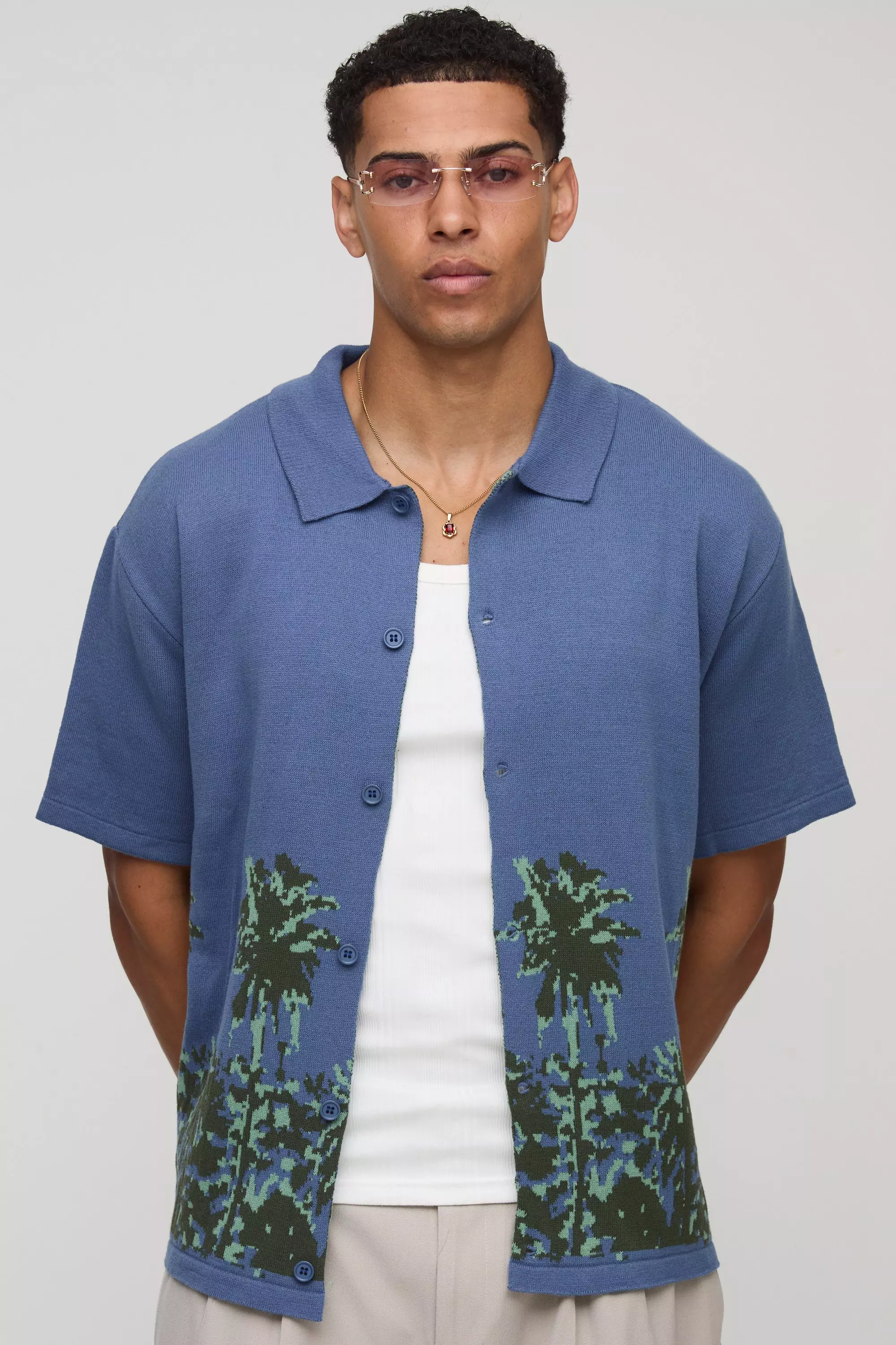 Boxy Moto Scenic Jacquard Knitted Shirt | boohooMAN USA
