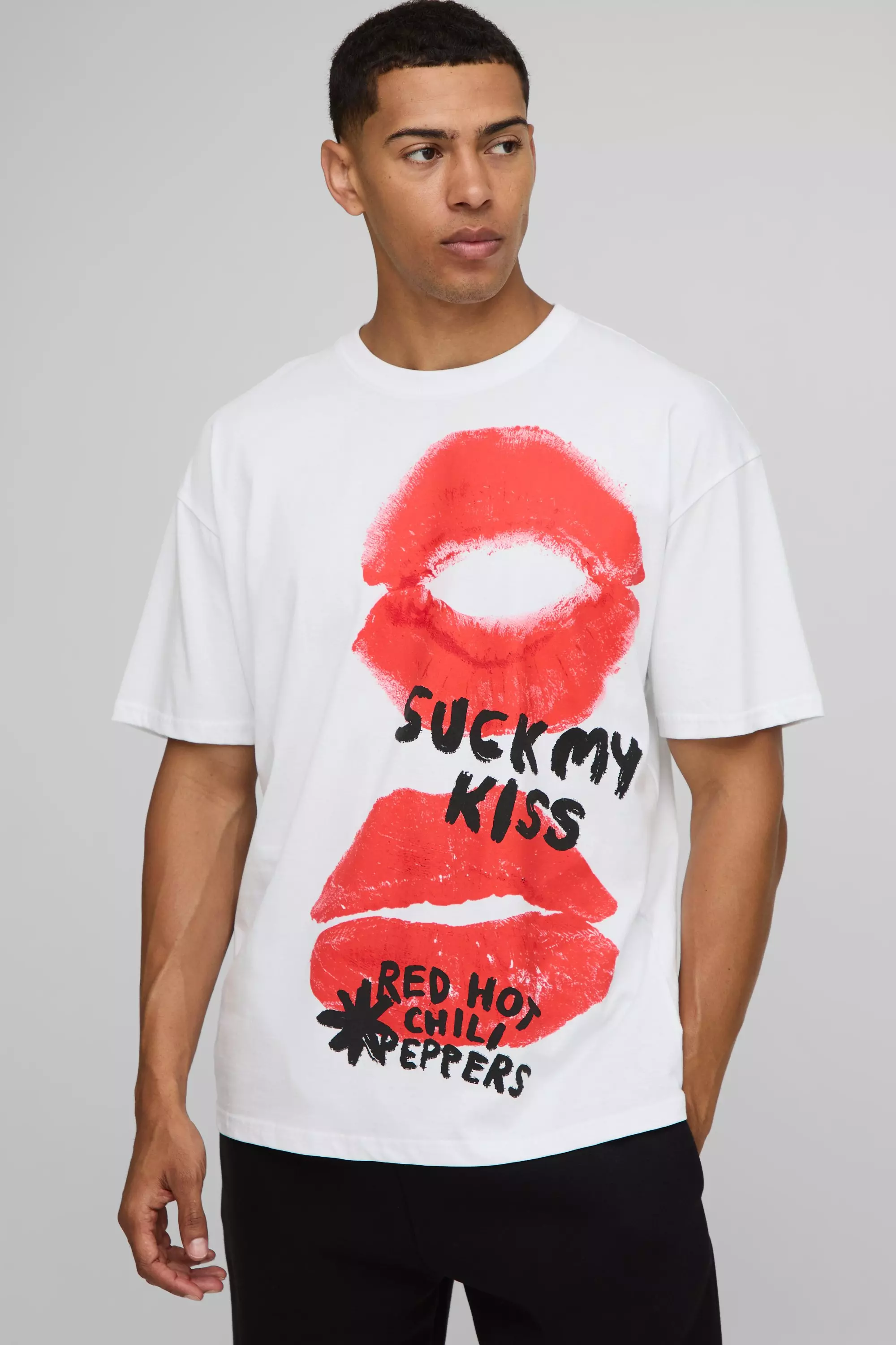 White Oversized Red Hot Chili Peppers License Printed T-Shirt White