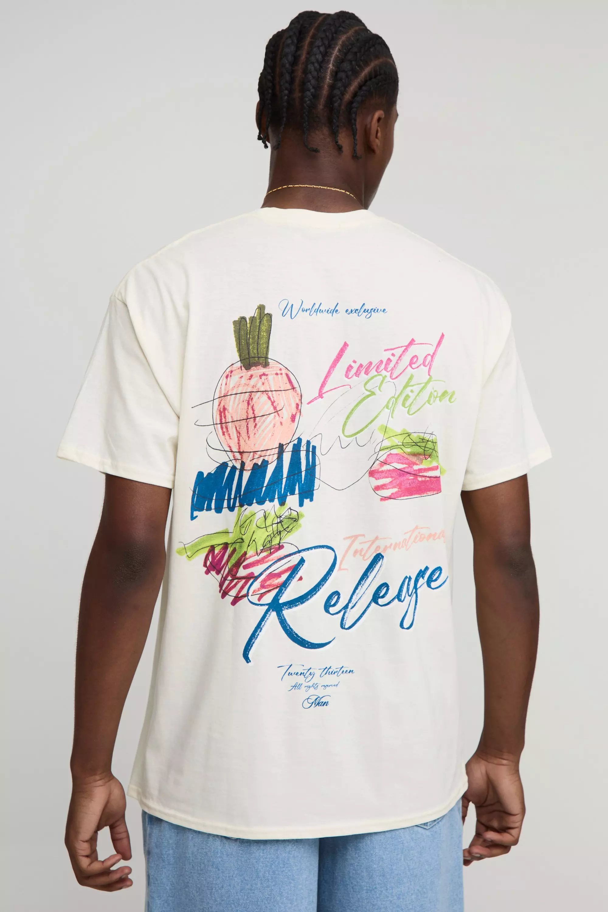 White Ecru Oversized MAN Sketch Drawn Printed T-Shirt