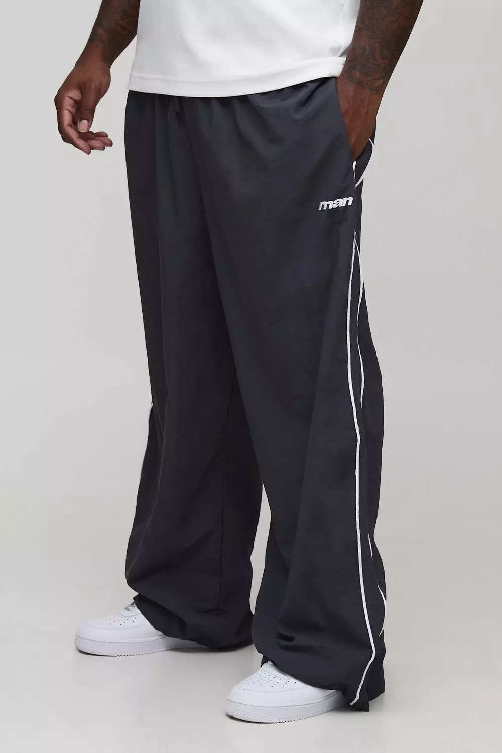 Plus Stripe Embroidered Parachute Trousers | boohooMAN USA