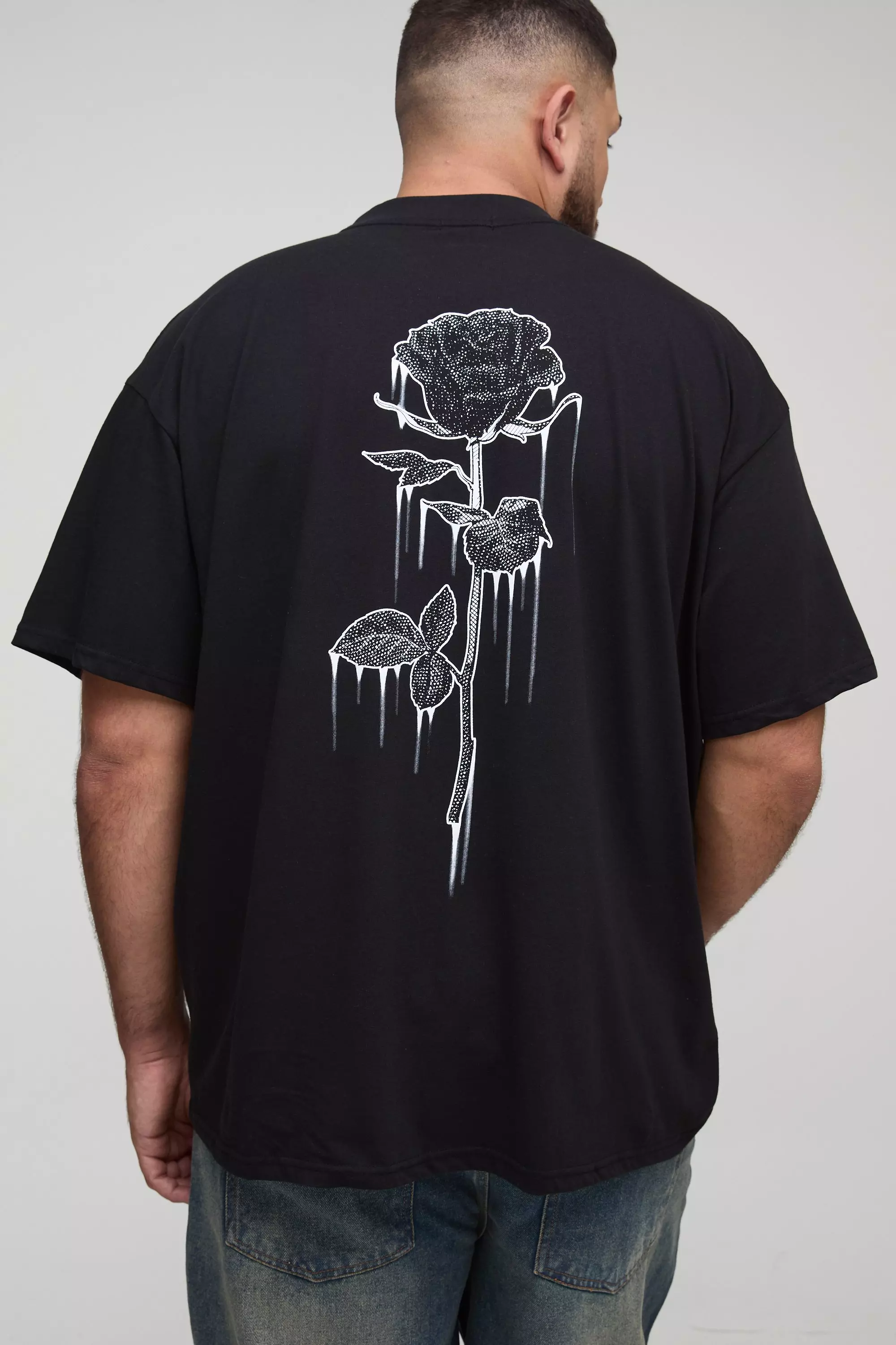 Plus Drip Floral Line Drawcord Oversized T-Shirt Black