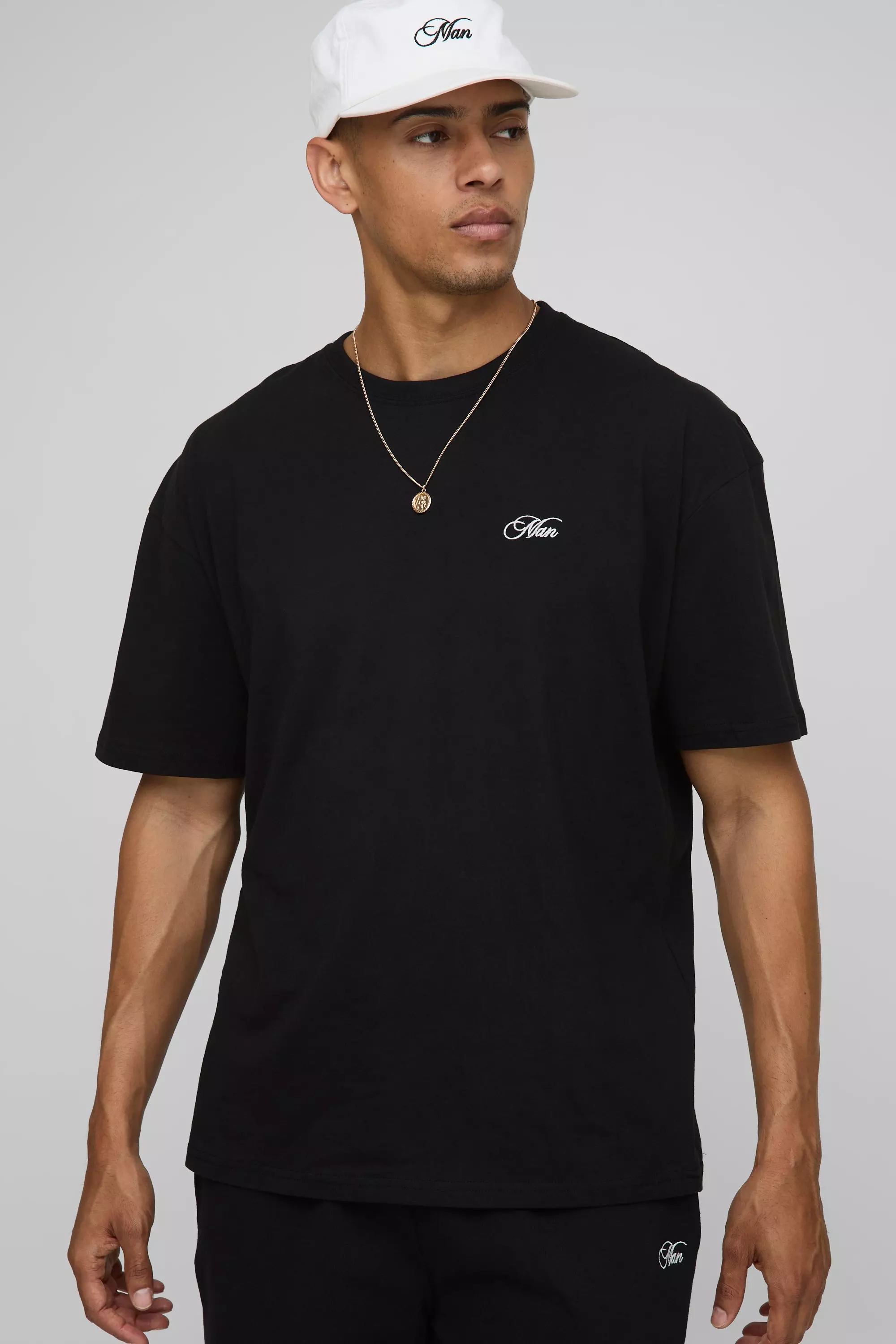 Oversized MAN Script Embroidered Basic Crew Neck T-Shirt Black