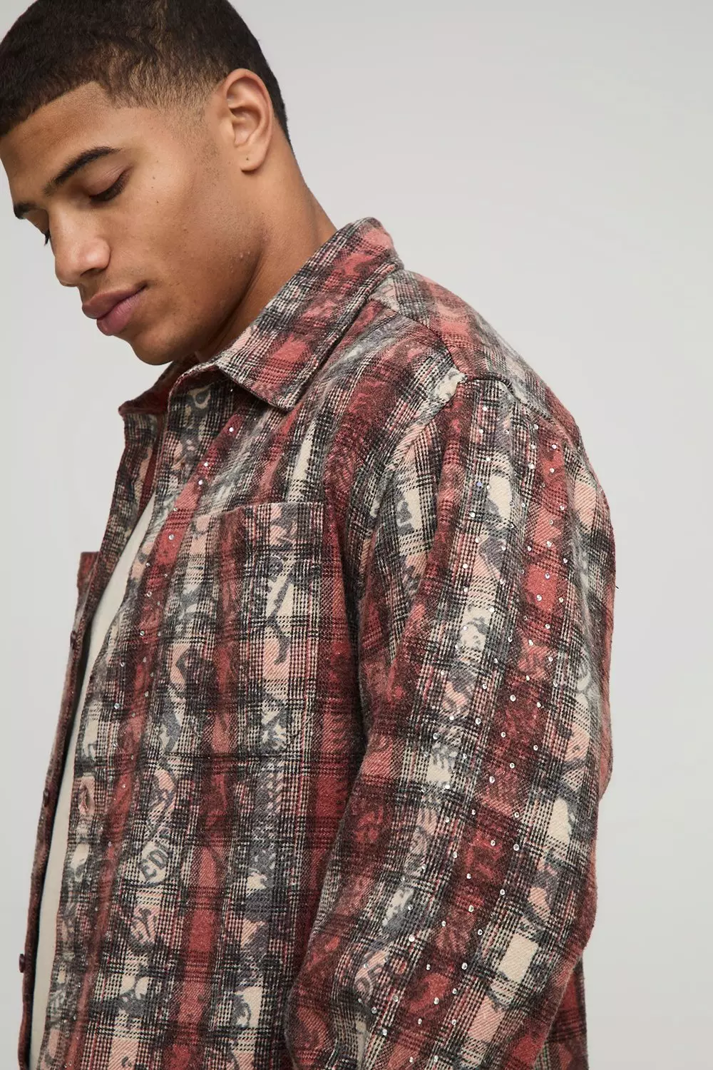 Oversized Boxy Acid Wash Embellished Shirt | boohooMAN USA