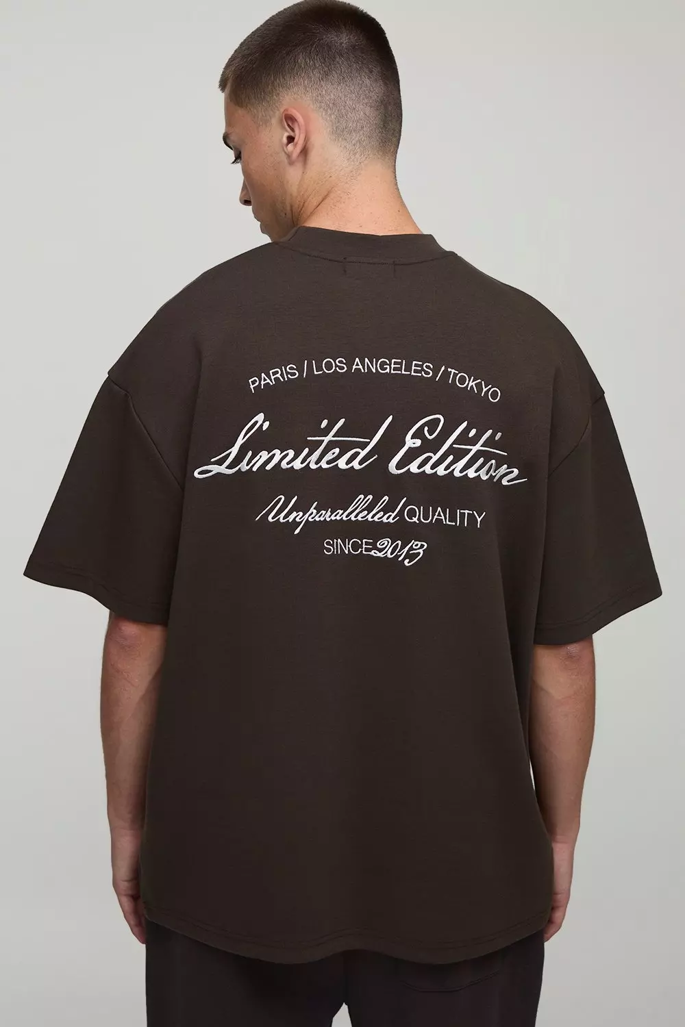 Chocolate Oversized Extended Neck Super Heavyweight Limited Edition Embroidered T-Shirt | boohooMAN USA