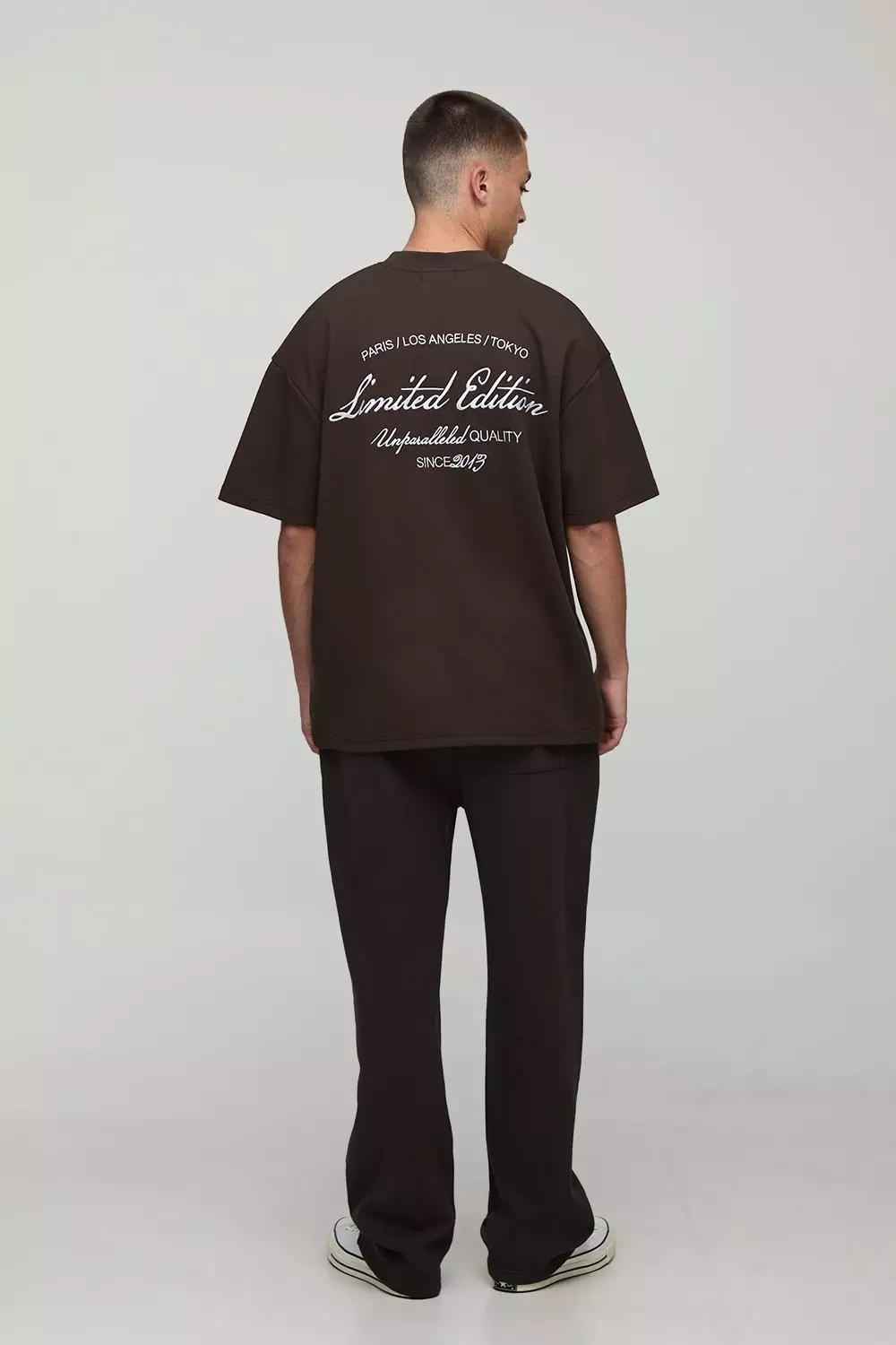 Chocolate Oversized Extended Neck Super Heavyweight Limited Edition Embroidered T-Shirt | boohooMAN USA