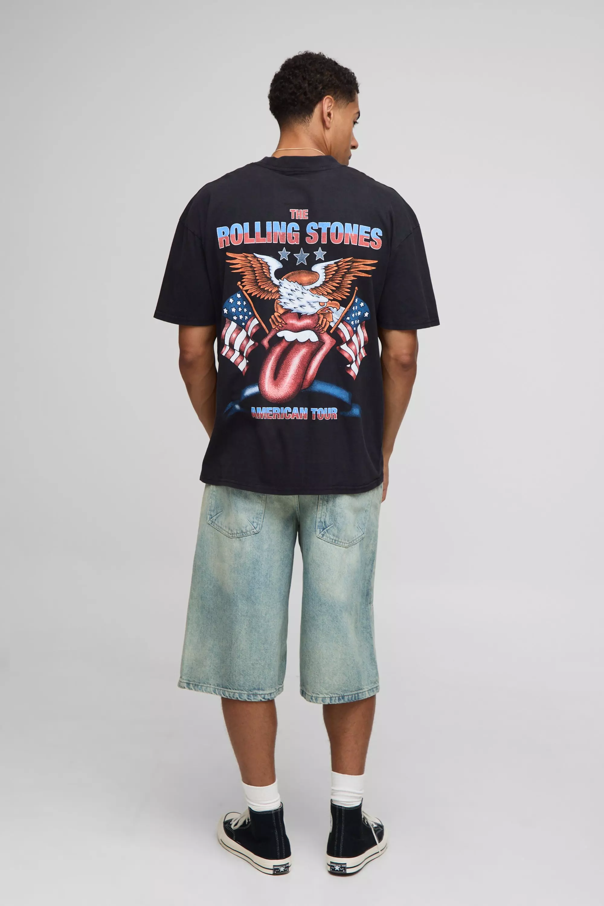 Black Oversized Extended Neck The Rolling Stones Acid Wash License T-shirt | boohooMAN USA